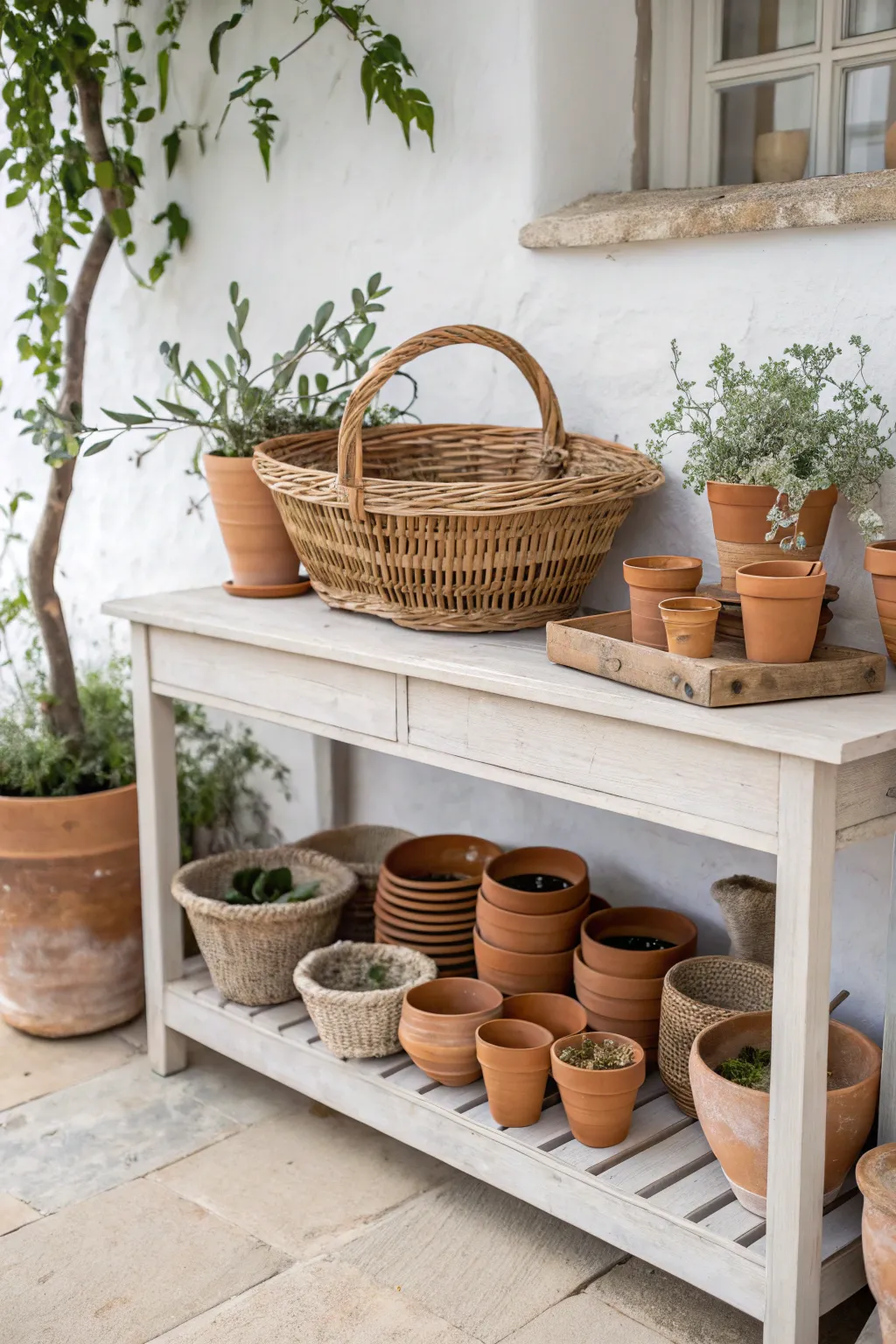 Embrace simplicity and organization with beautifully arranged baskets for pot storage.