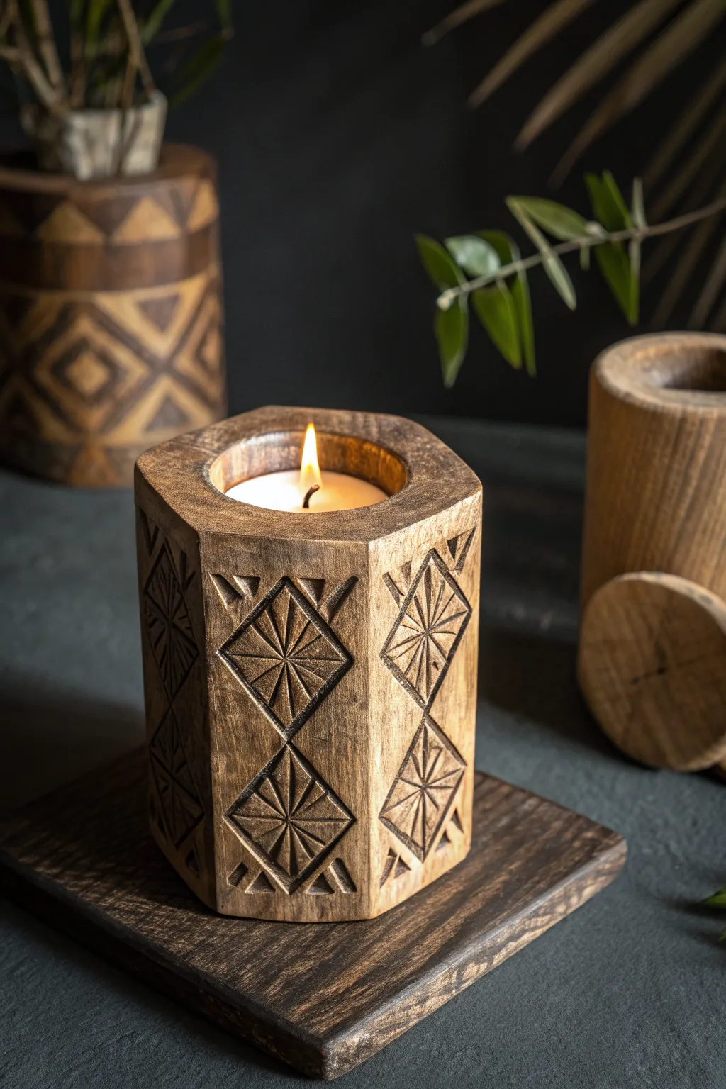 Illuminate your space with the rustic charm of a carved wooden candle holder, where craftsmanship meets cozy ambiance.