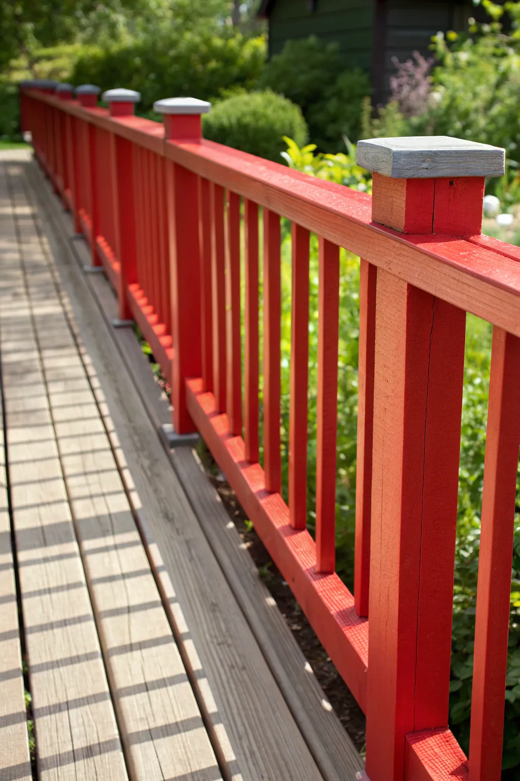Elevate your deck with bold red accents for a striking contrast against nature's green canvas.