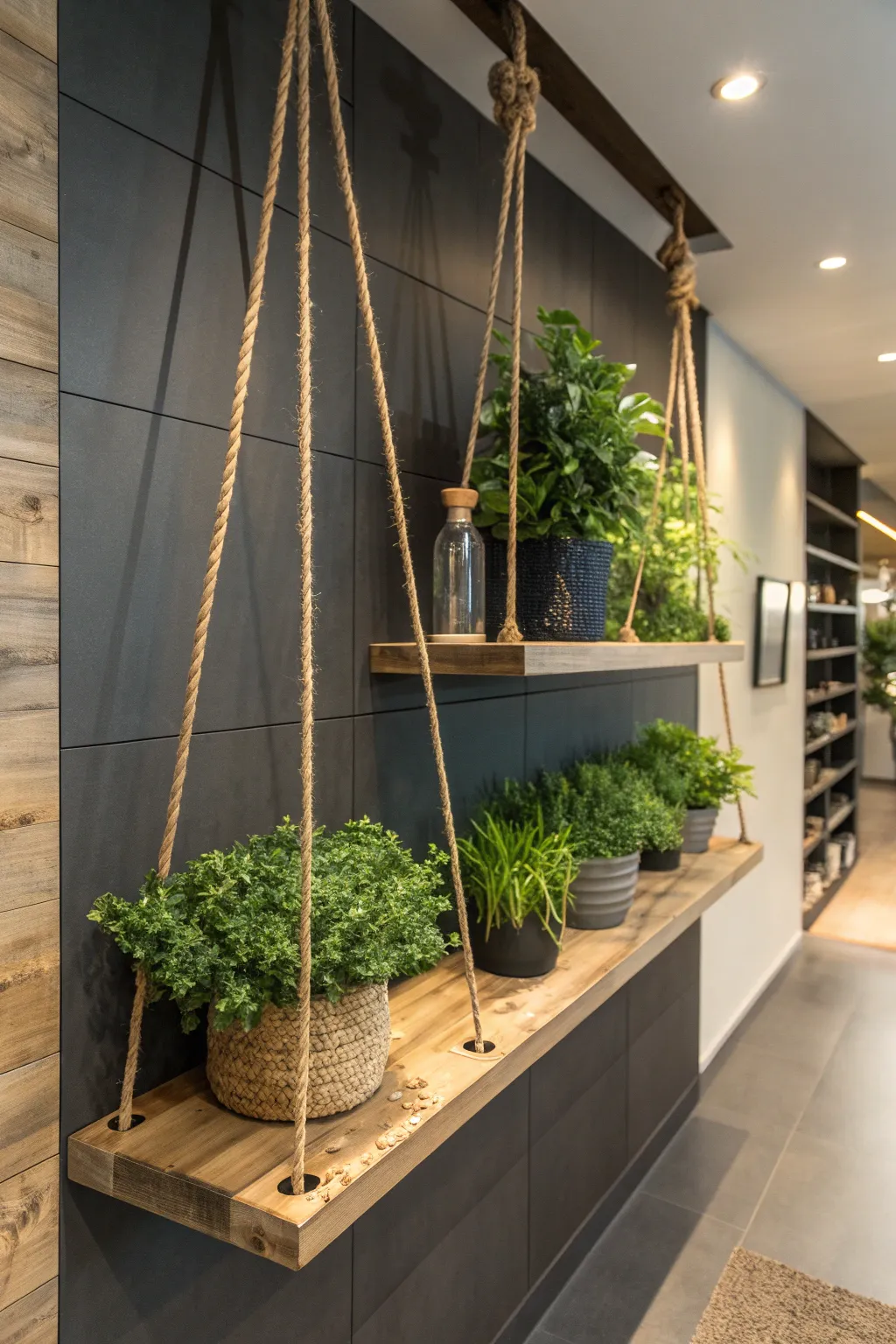 Elevate your space with rustic charm: Hanging Wooden Plank Shelves.