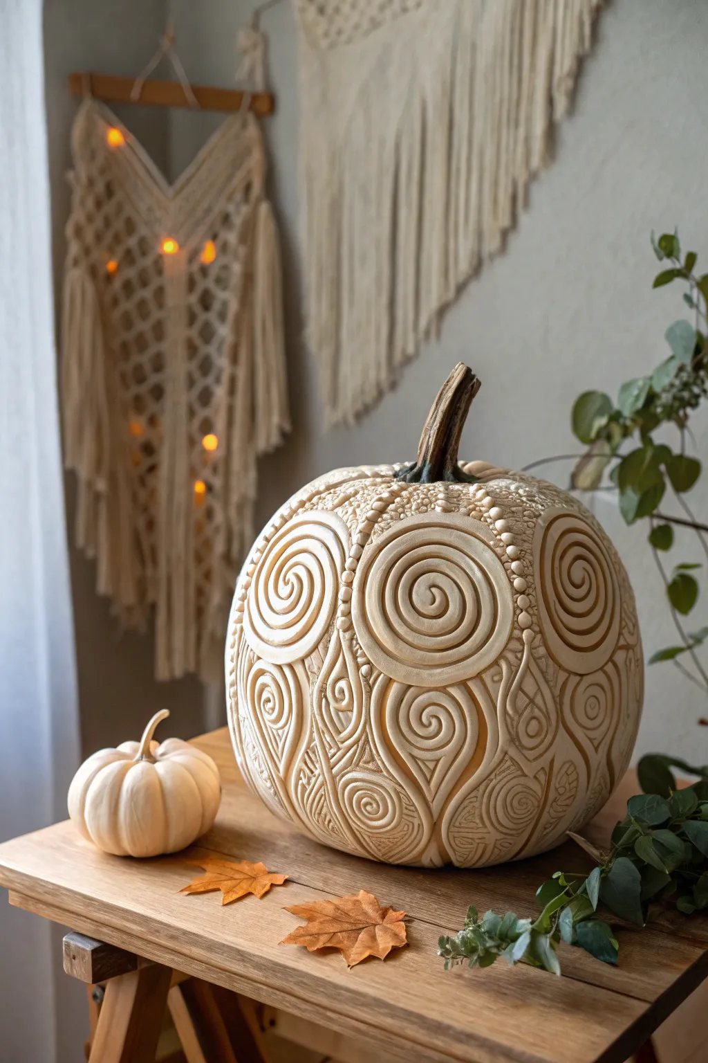 Get enchanted by the mesmerizing curves of this hypnotized pumpkin, a perfect blend of minimalist elegance and boho charm.