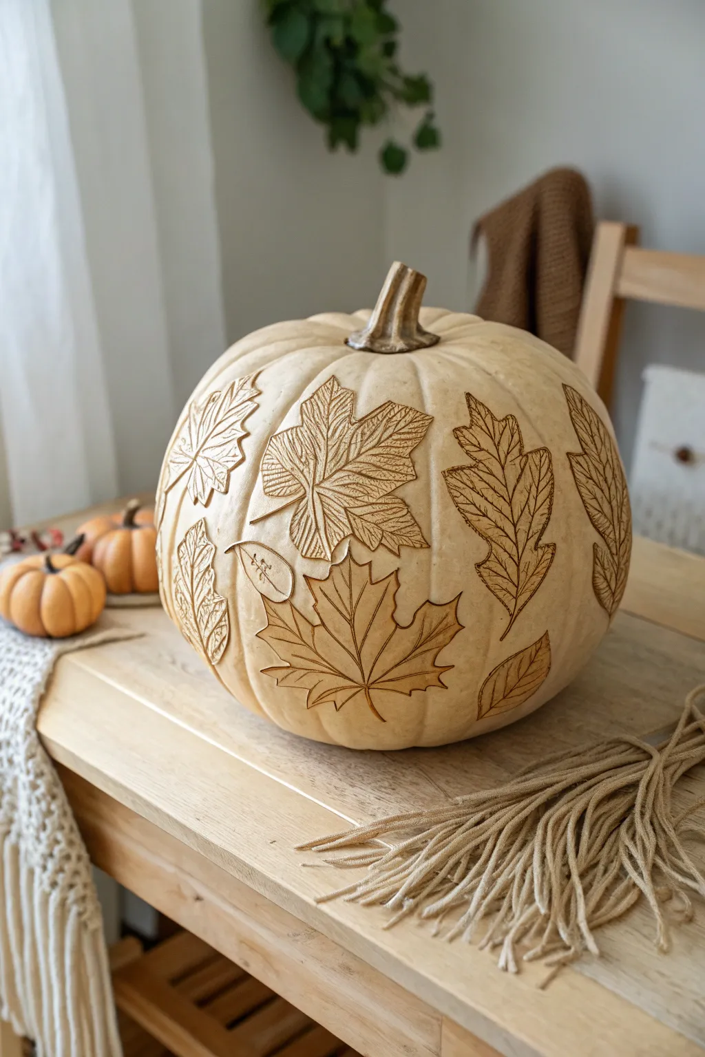 Embrace autumn's elegance with a simple yet stunning leaf-patterned pumpkin carving.