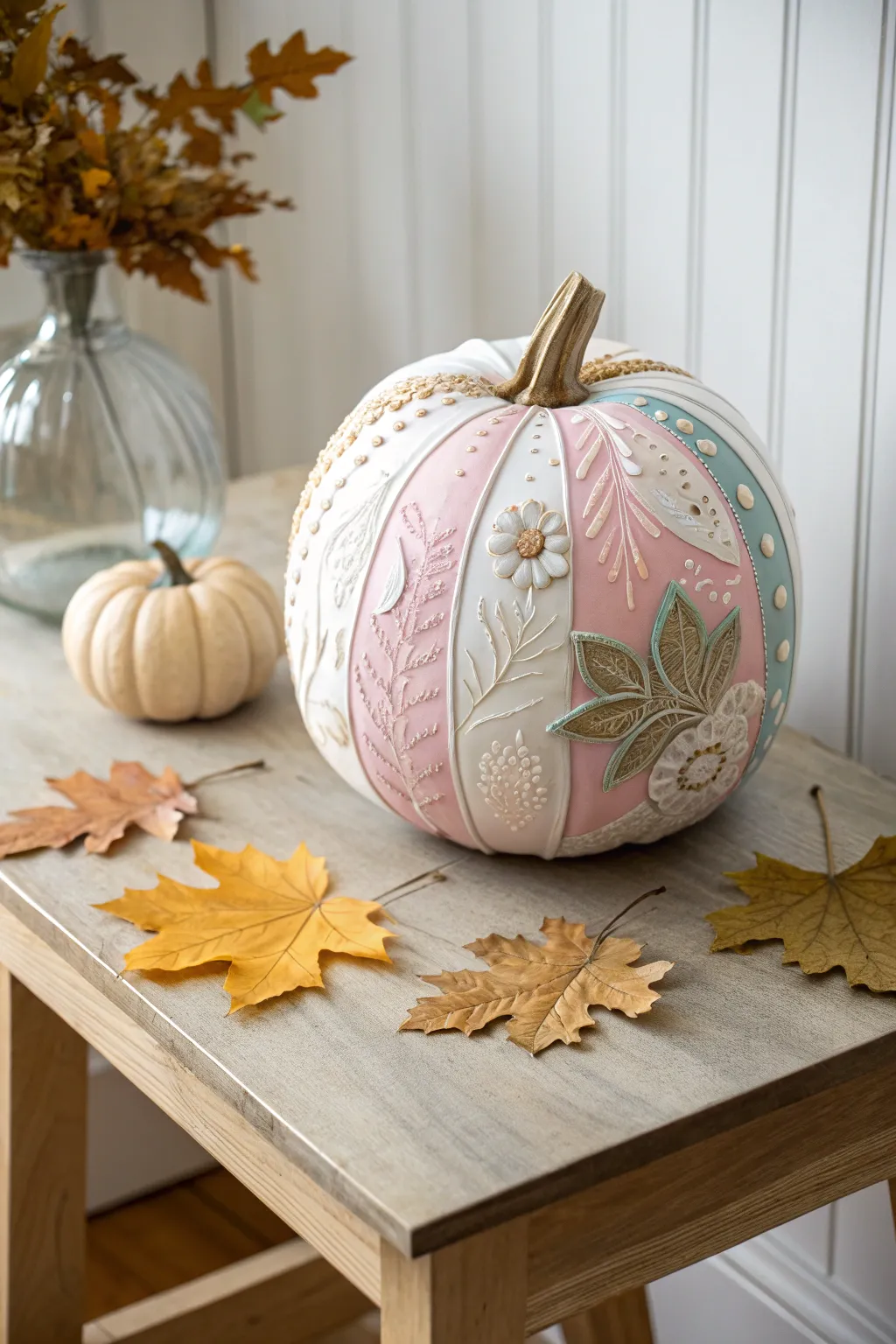 Embrace the art of mixed media with this enchanting pumpkin design, where simplicity meets natural elegance.