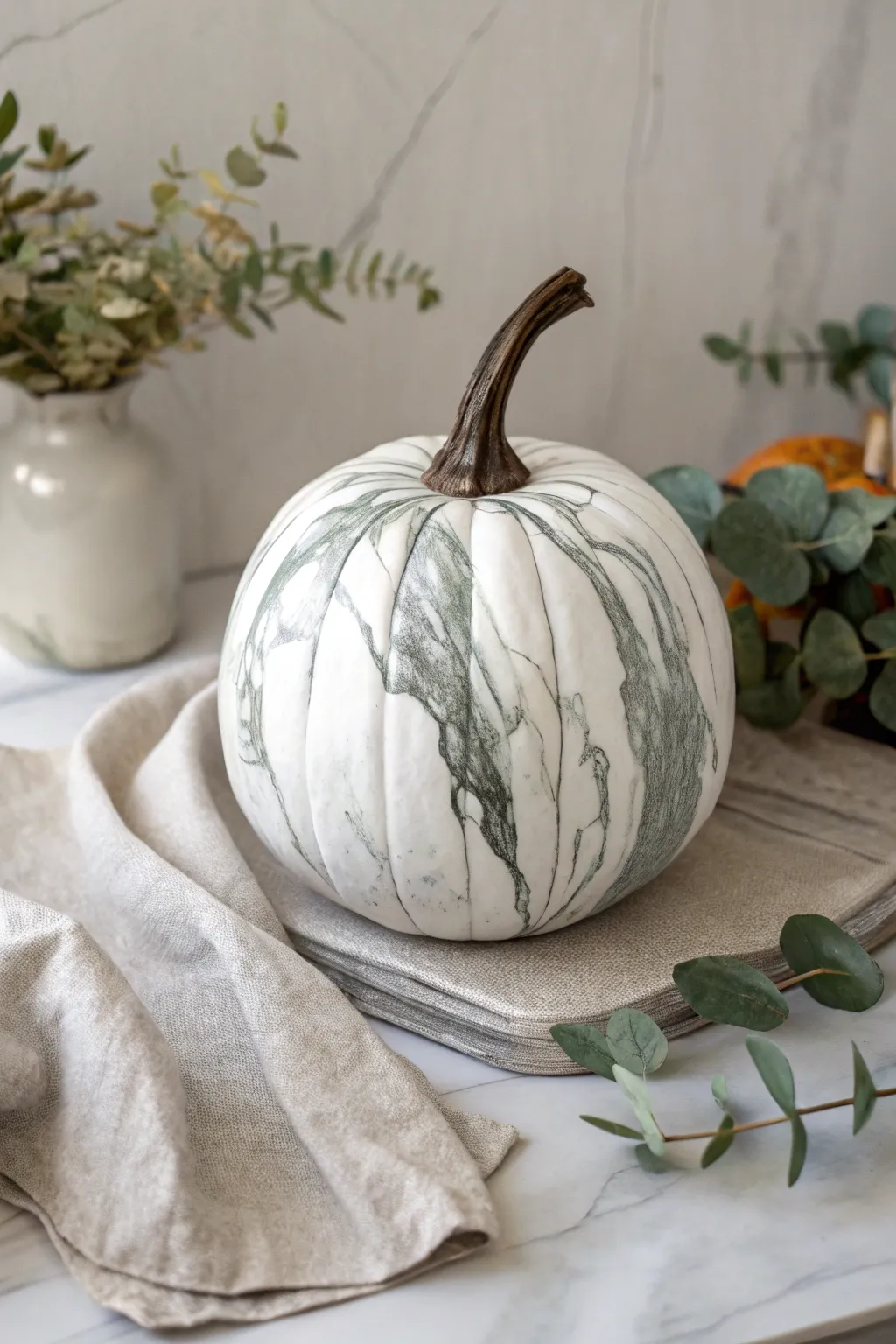 Embrace the art of faux marble for a sophisticated fall display.