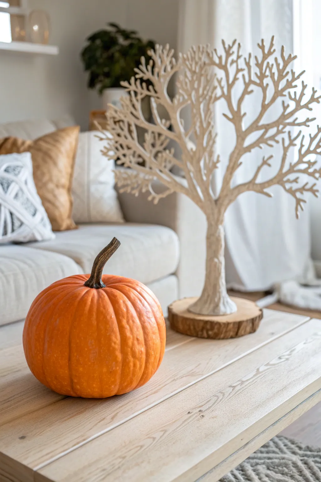 Embrace the beauty of simplicity with this rustic tree-carved pumpkin, perfect for adding a touch of nature-inspired elegance to your autumn decor.