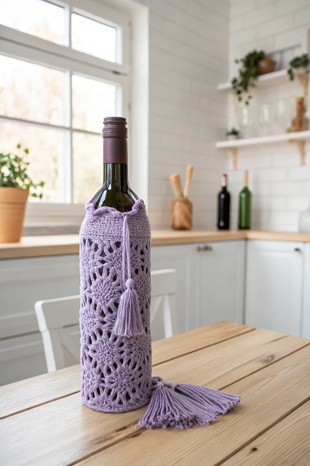 Elevate your dining experience with a touch of handcrafted elegance: the perfect violet crochet wine cozy.