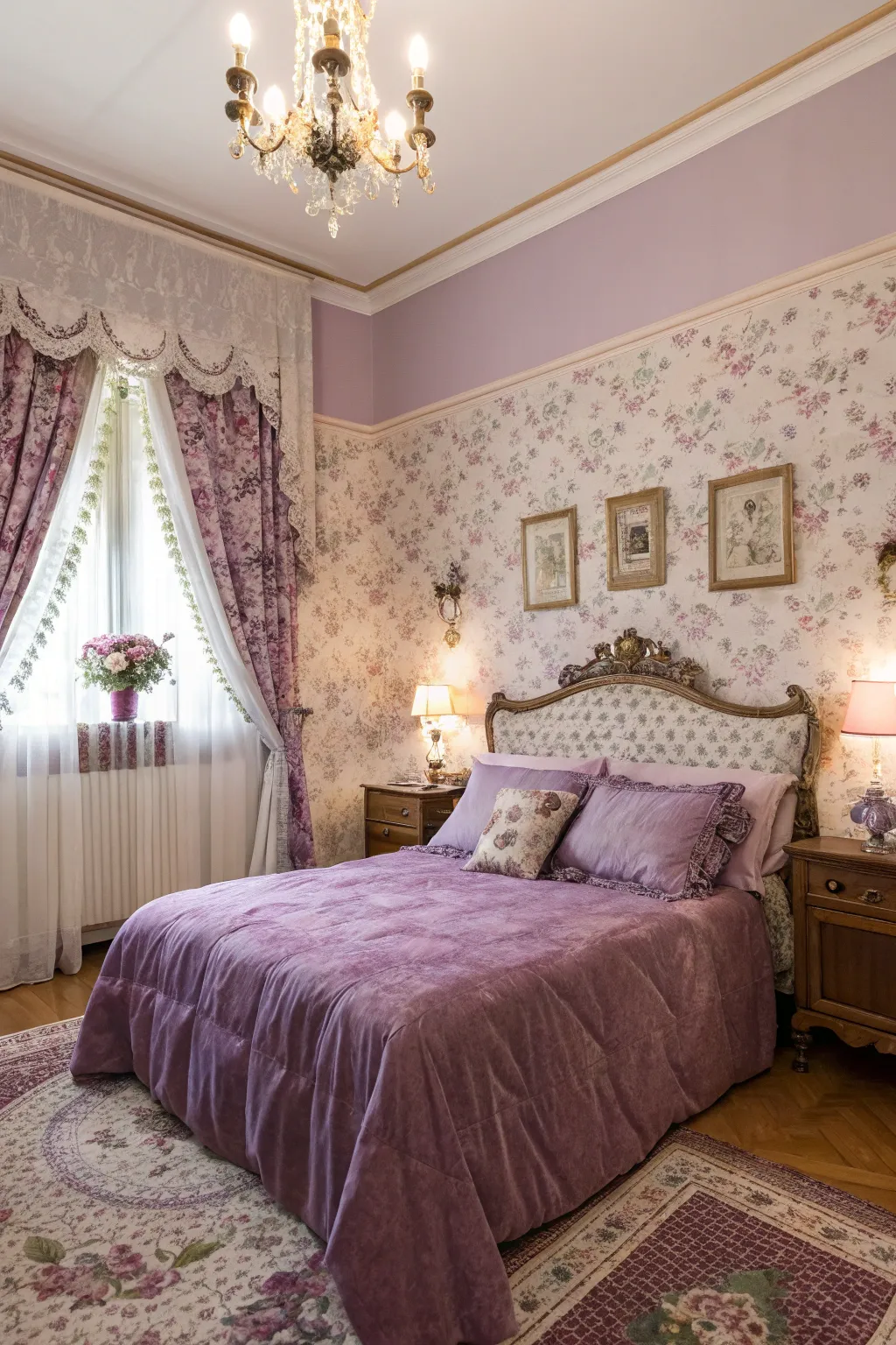 Floral patterns in purple add a romantic and vintage touch.