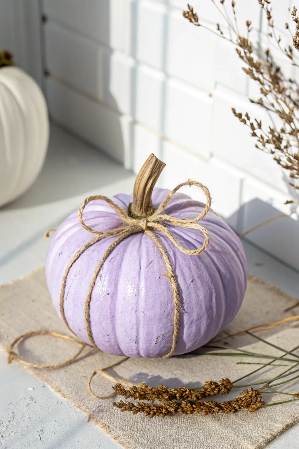 Embrace rustic elegance with a twine-wrapped purple pumpkin, perfect for adding cozy charm to your decor.