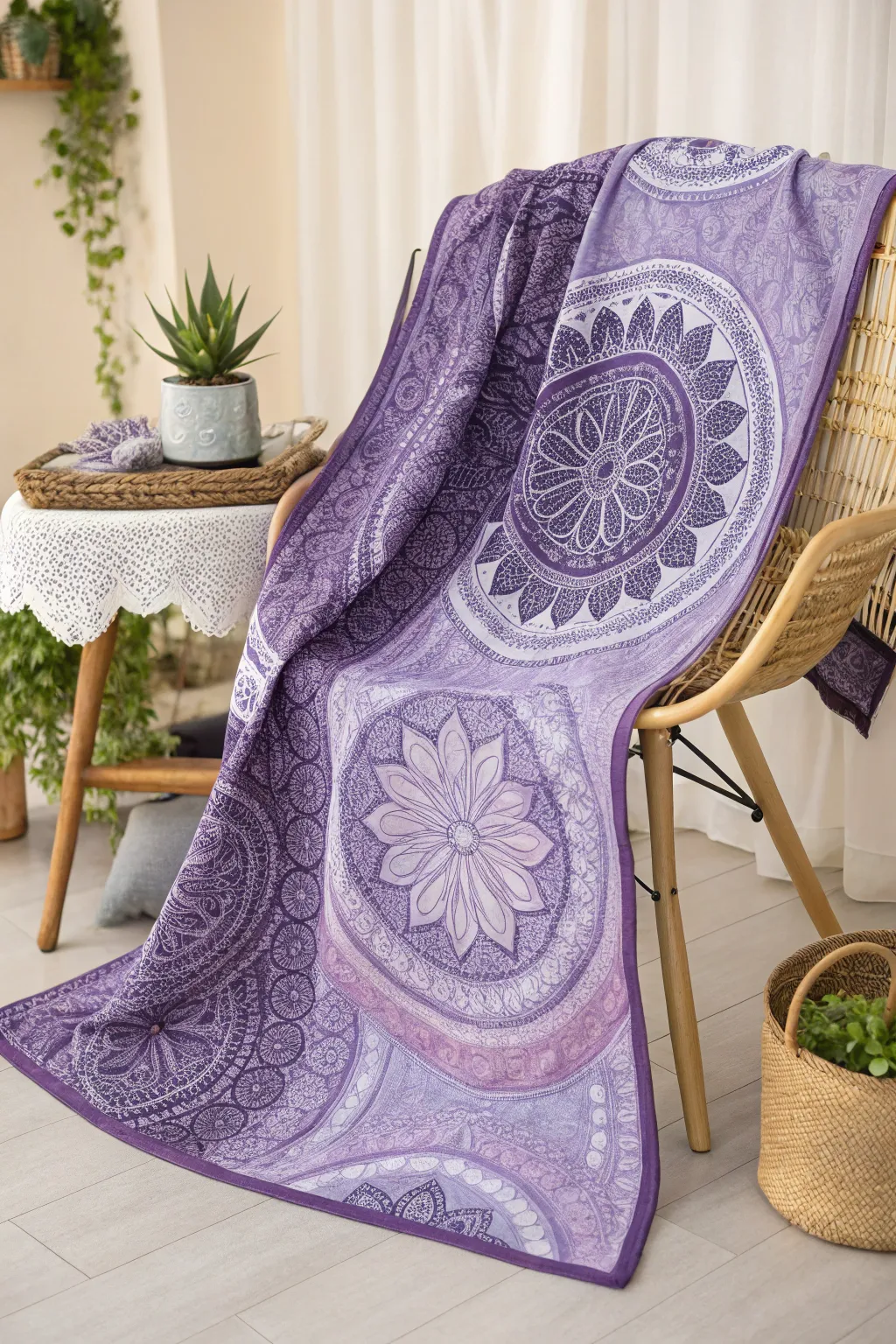 Embrace artistry and elegance with intricate mandala designs on a purple quilt - a perfect blend of Scandinavian minimalism and bohemian charm.