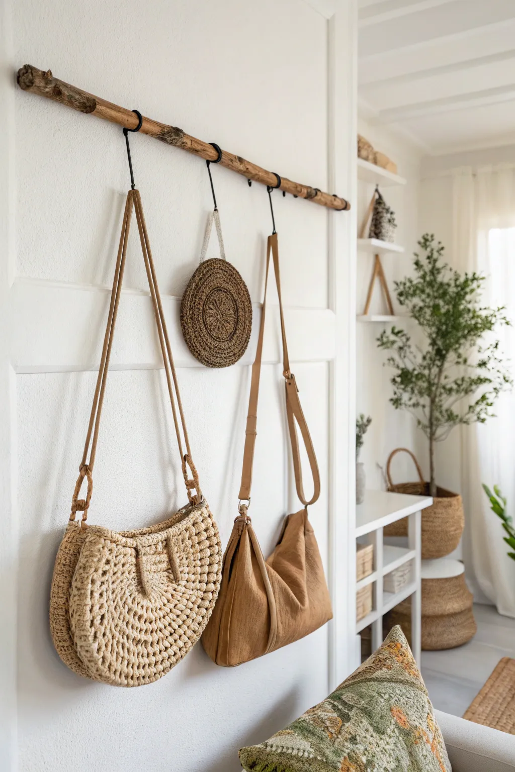 Elevate your purse display with artistic hanging rods for a chic and organized look.