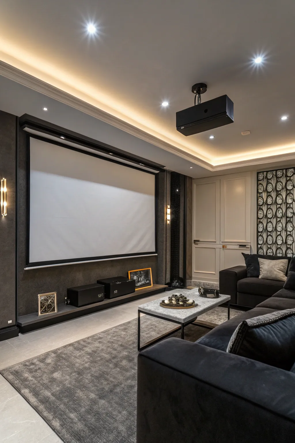Elevate your movie nights with a discreet pull-down projector screen, blending functionality with modern elegance.