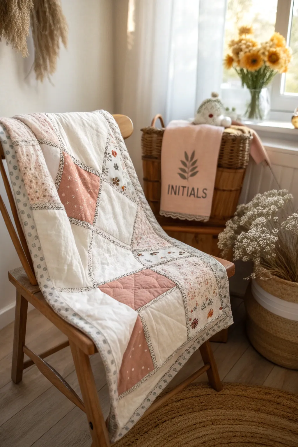 Add a personal touch to your rag quilt with delicate initials for a heartfelt and unique gift.