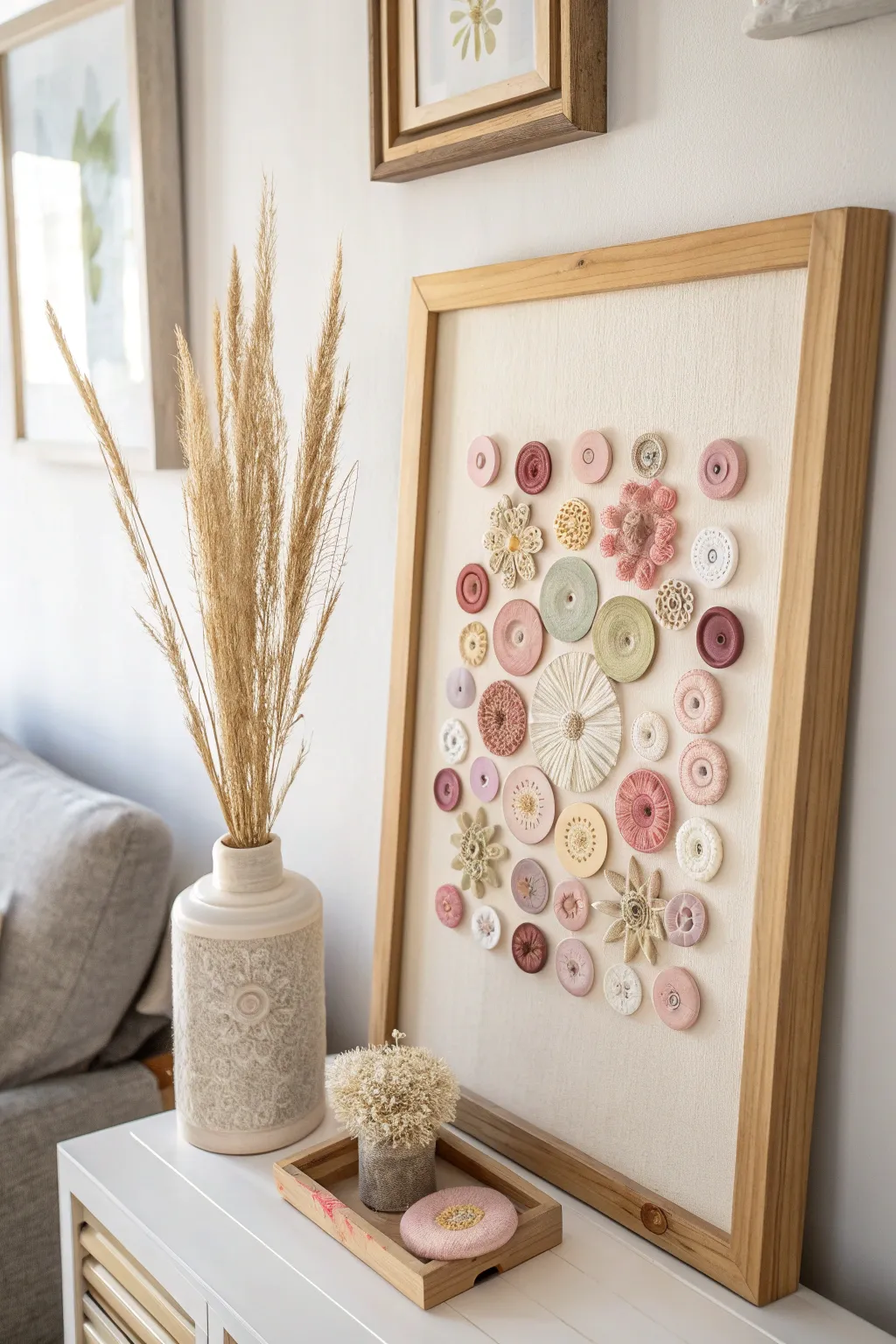 Transform everyday buttons into beautiful wall art that speaks to simplicity and creativity. 🌸✨ #UpcycleArt #ScandinavianDesign