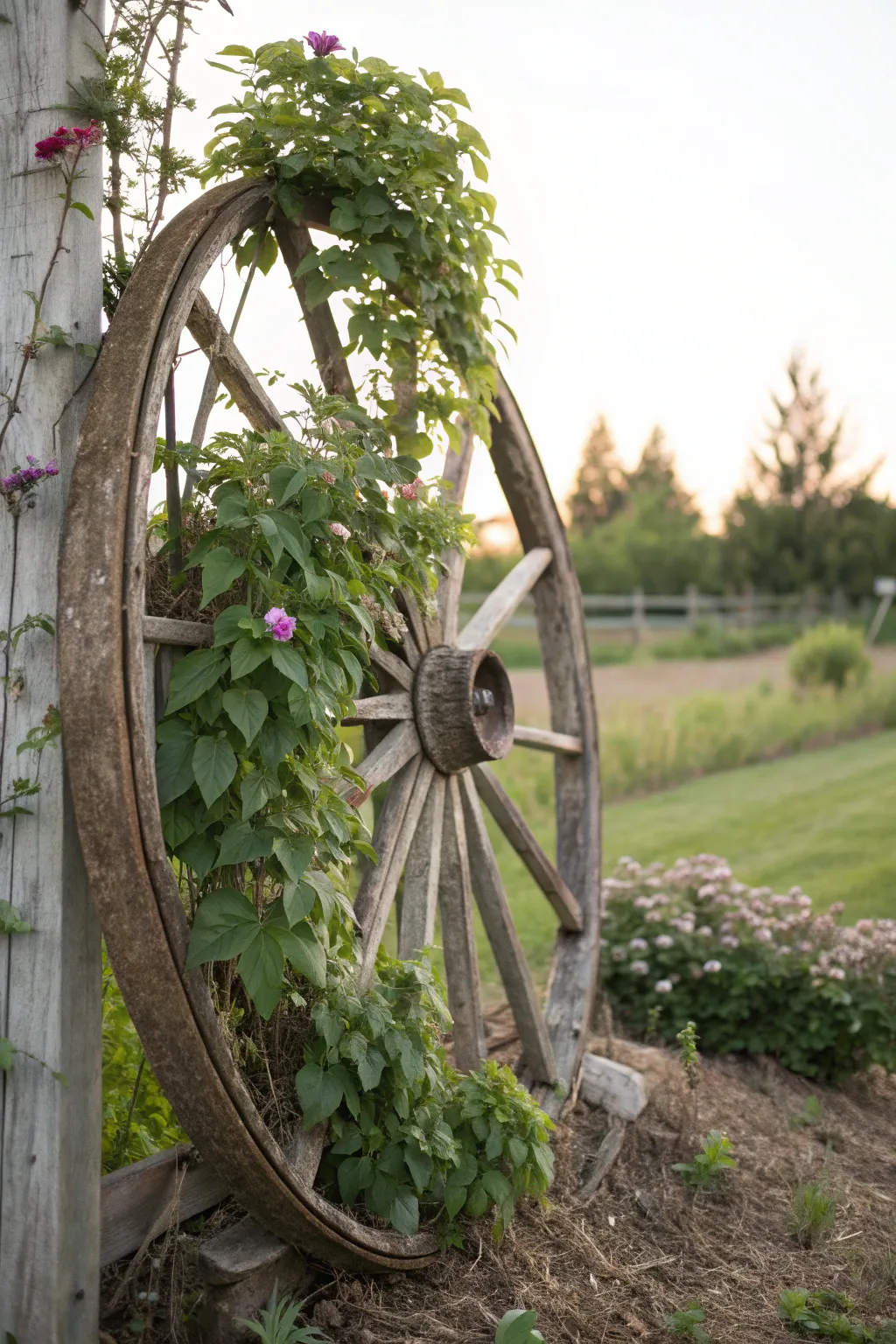 Transform history into beauty with a wagon wheel trellis – where past meets present in your garden sanctuary.