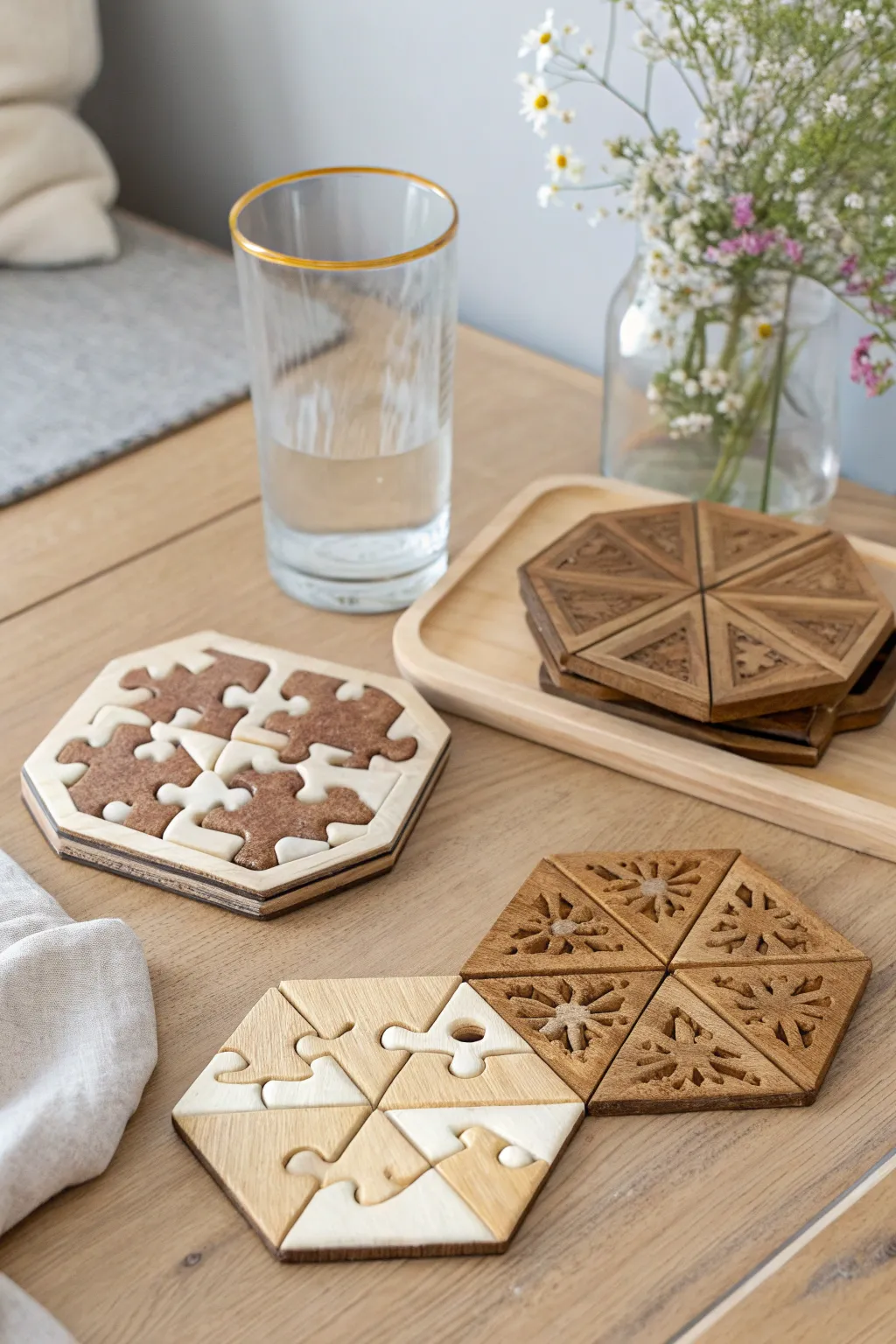 Transform leftover puzzle pieces into stunning coasters that blend craftsmanship with minimalist elegance.