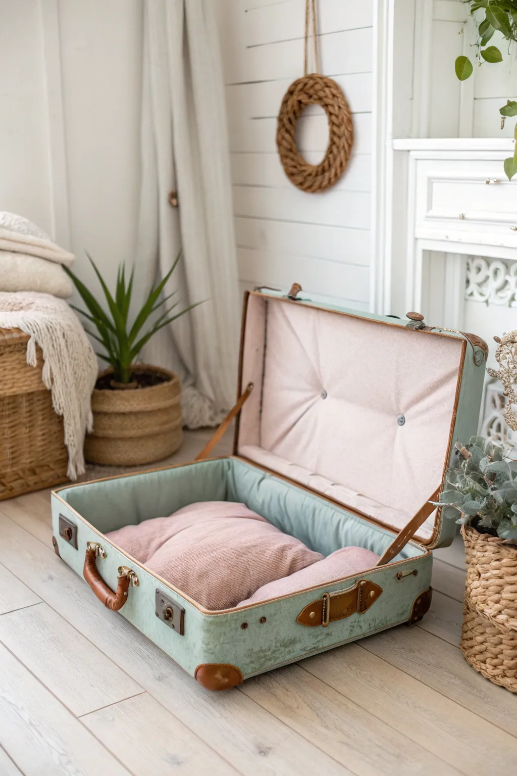 Give your furry friend a stylish snooze spot with this charming suitcase pet bed!