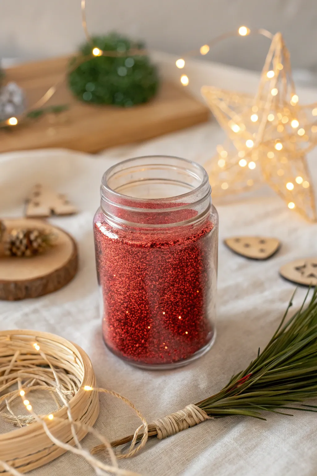 Add a touch of sparkle to your space with a handcrafted red glitter jar.