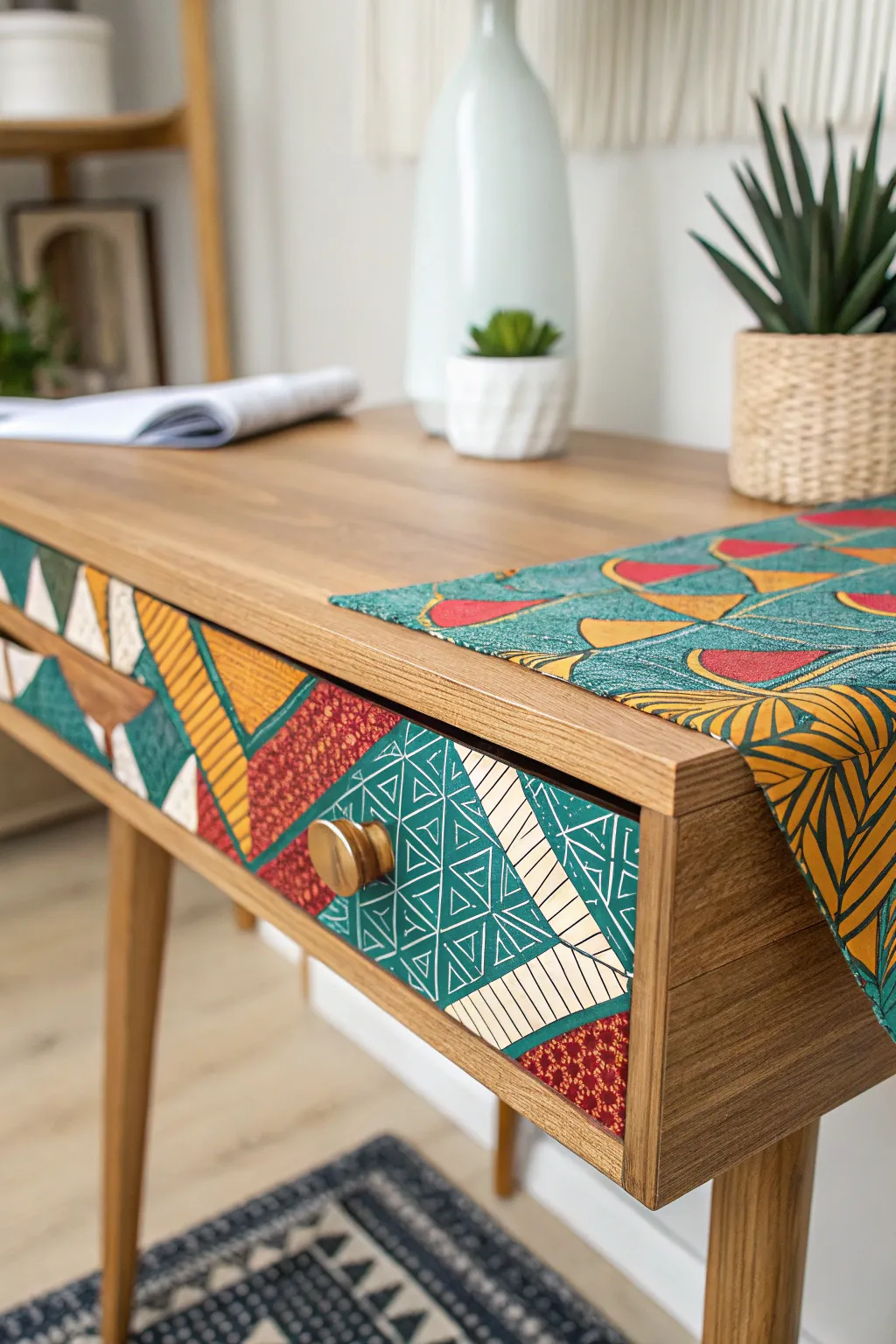 Transform your workspace with a pop of vibrant fabric—where Scandinavian simplicity meets boho chic!