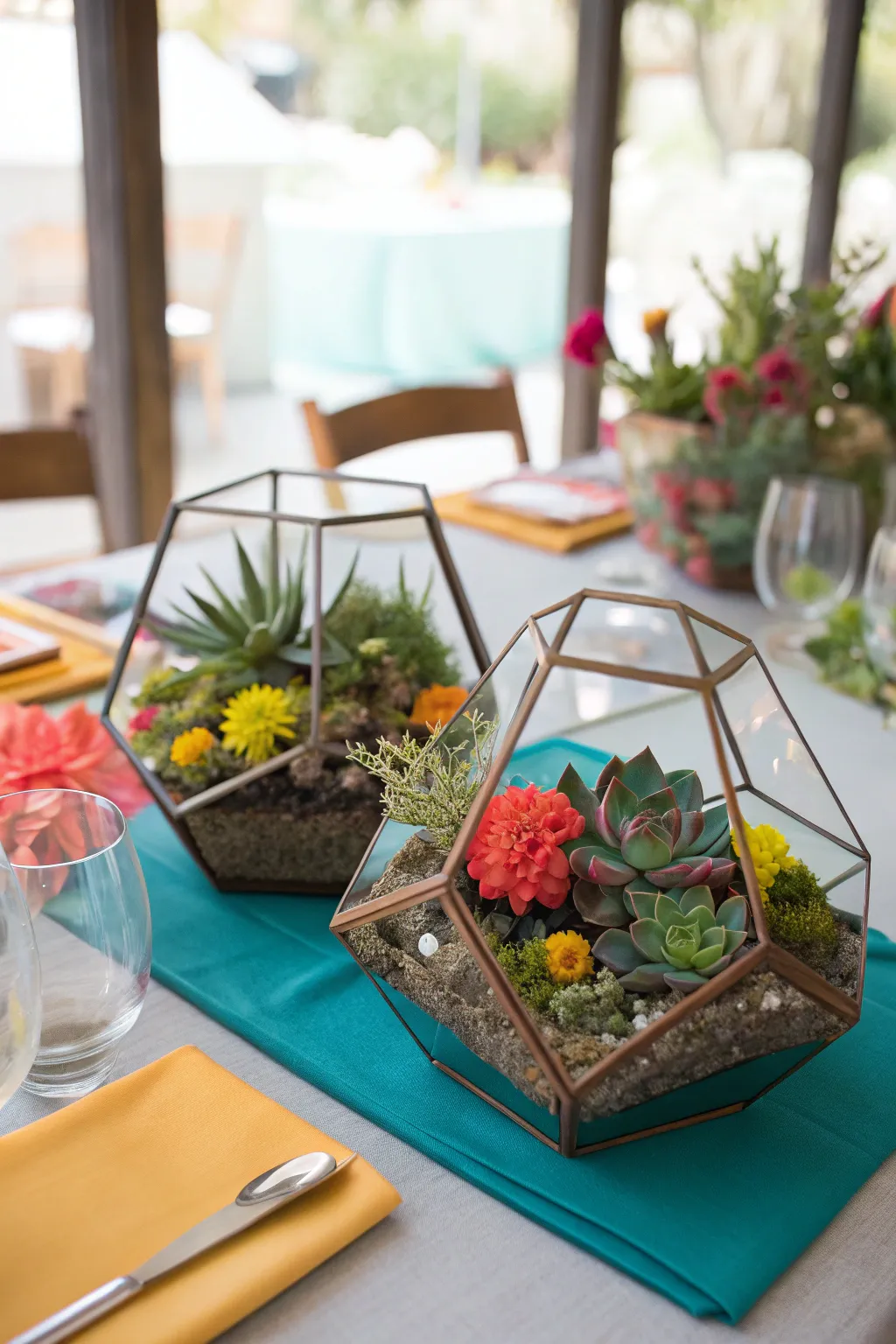 Geometric terrariums bring a modern twist and dimensional beauty to your rehearsal dinner table. #ModernDecor #TerrariumLove #StylishTable