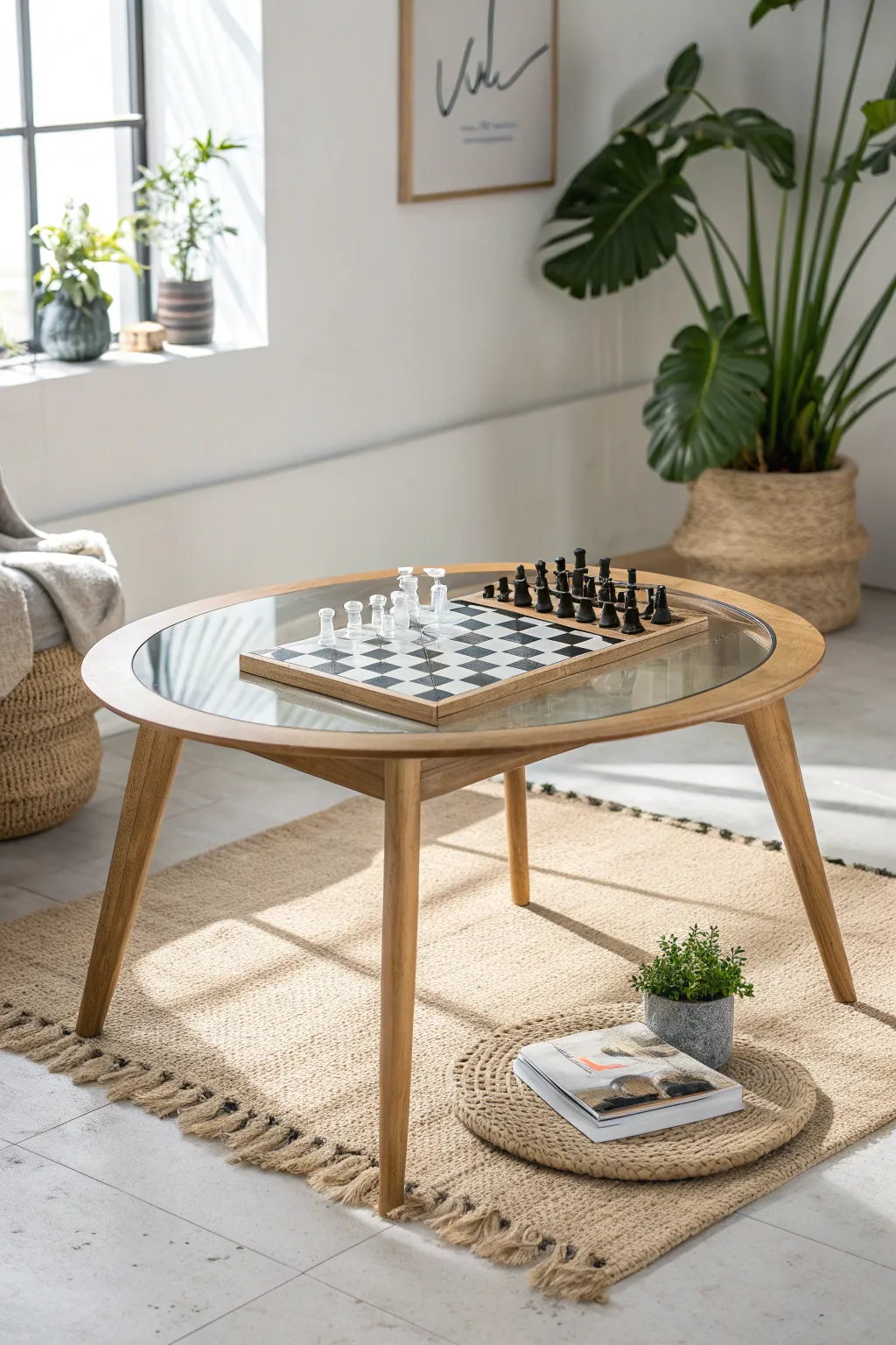 Transform your coffee table into a stylish game night centerpiece with a hidden chessboard under glass.