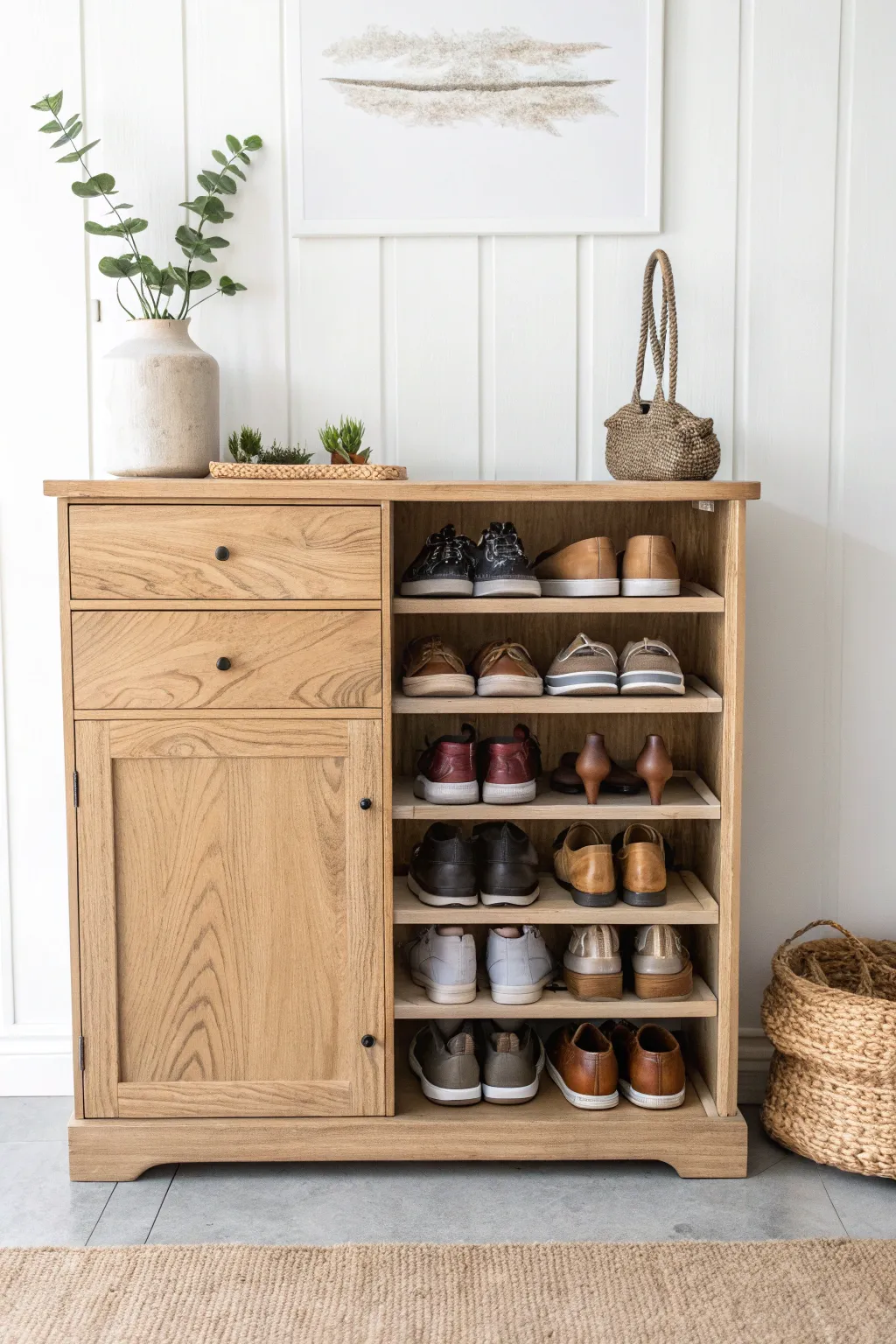 Transform your space with a repurposed cabinet shoe rack that marries simplicity with style.