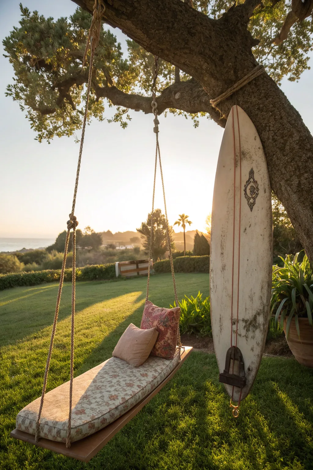 Transform your backyard into a serene retreat with this surfboard swing—perfect for those who seek adventure and relaxation.