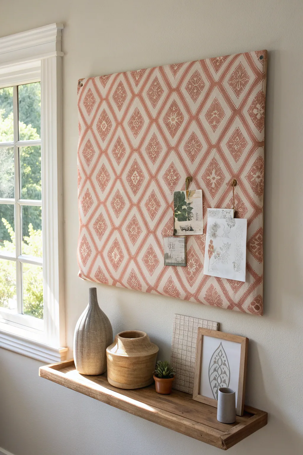 Transform your space with a fabric-covered bulletin board that adds a touch of artistry to your home office.