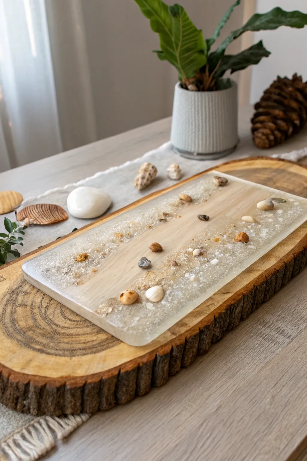 Capture cherished memories beautifully with embedded keepsakes in a handmade resin charcuterie board.