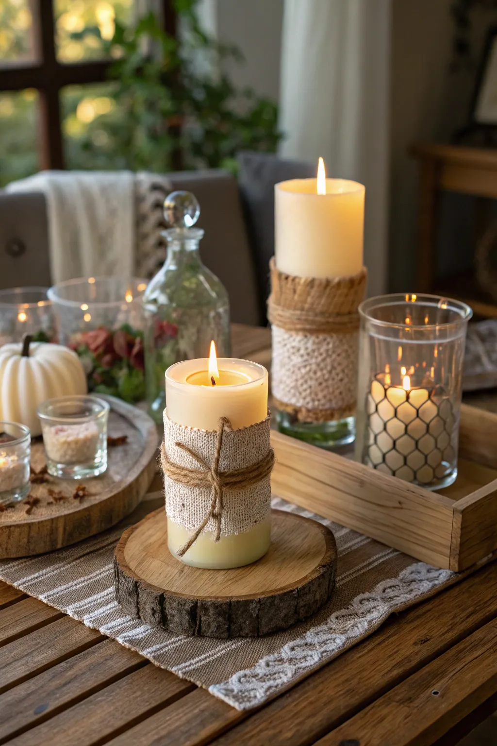 Textured candle display with a mix of materials.