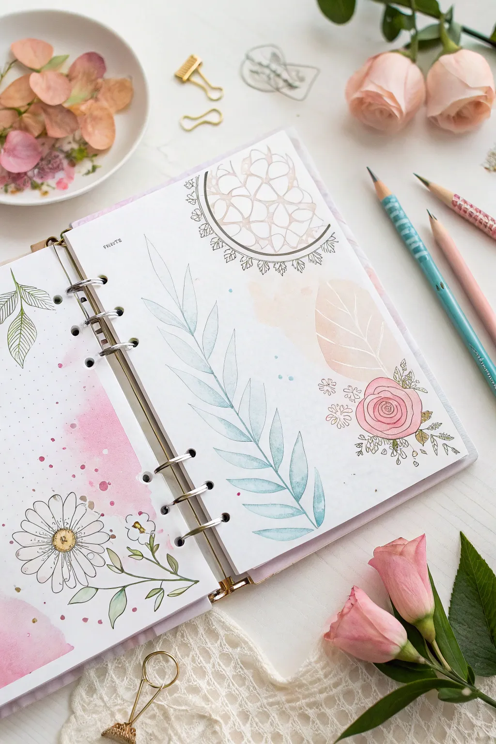 Embrace the simplicity and charm of handcrafted scrapbook pages with artistic flair.