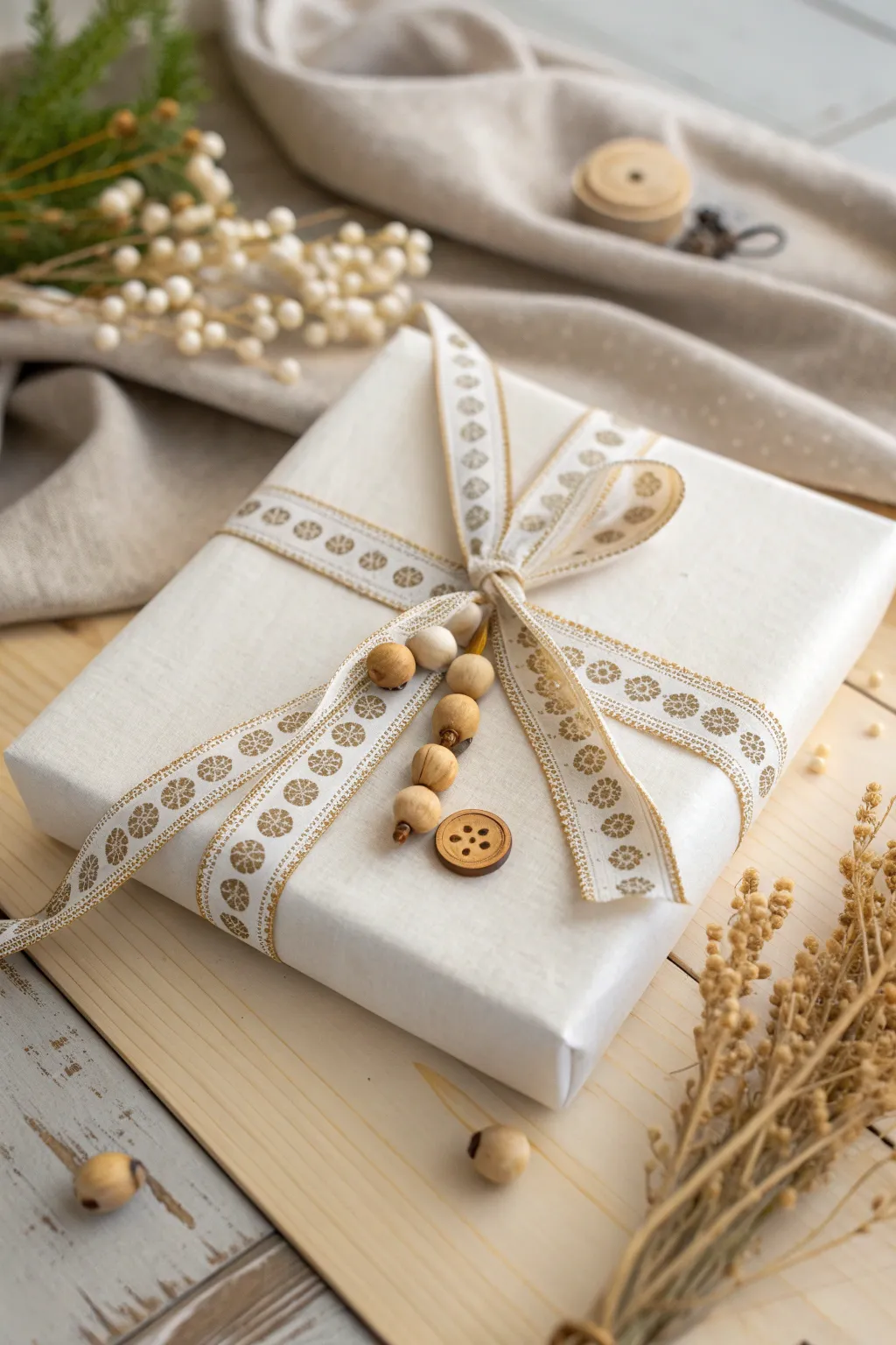 Discover the art of ribbon wrapping with a boho twist — simplicity meets elegance with bead and button embellishments.