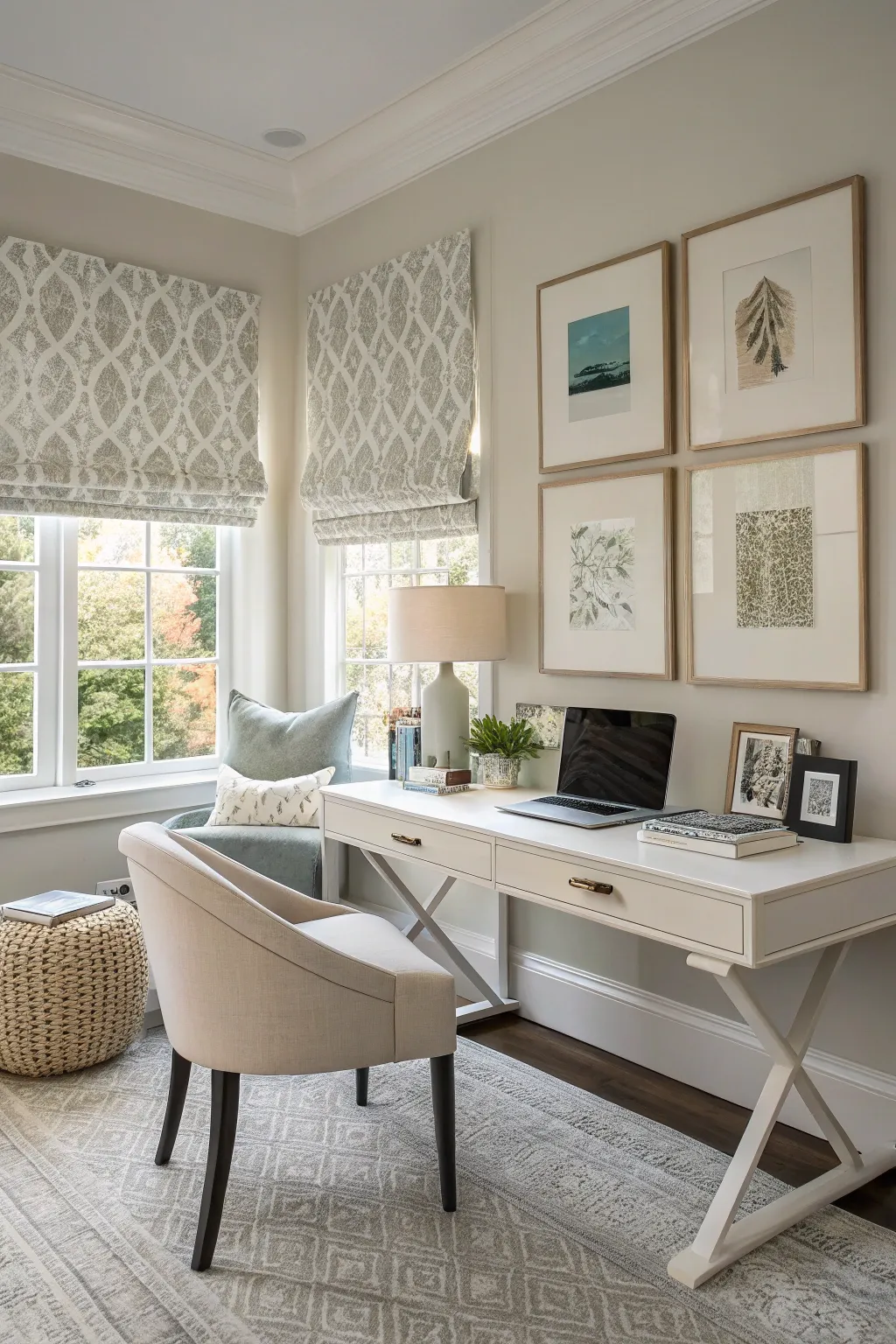 Calming Roman shades create a chic office ambiance.