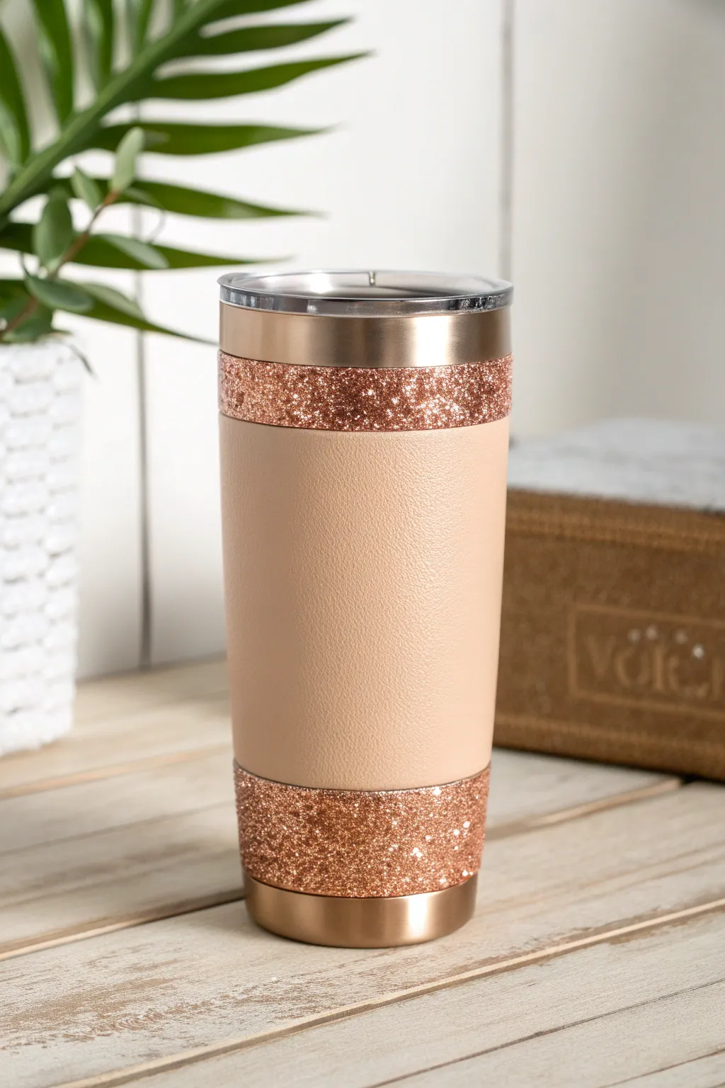 Elevate your everyday with this chic faux leather and rose gold glitter tumbler.