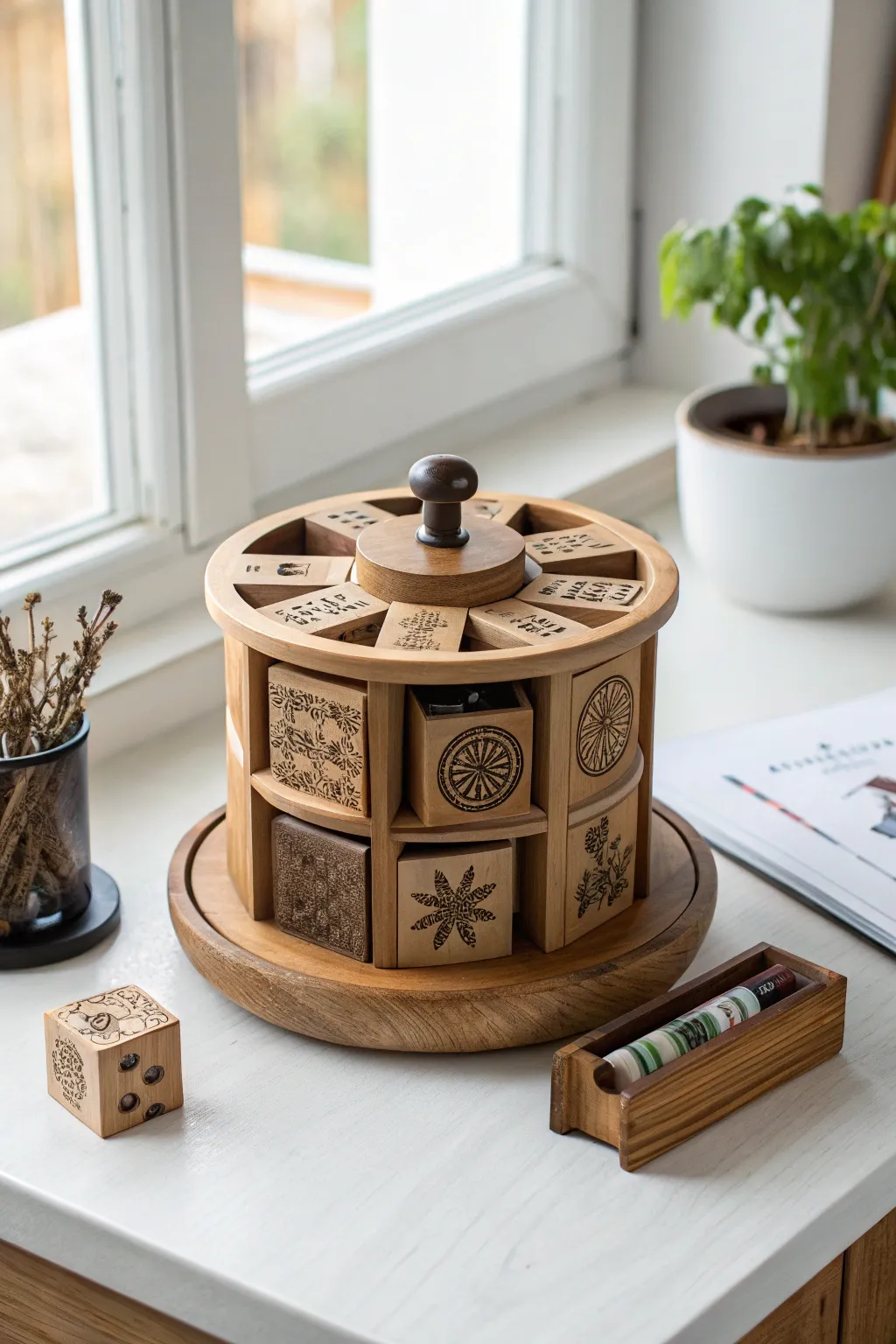 Organize your creativity with a stylish spinning stamp caddy—a perfect blend of simplicity and elegance for your craft space.