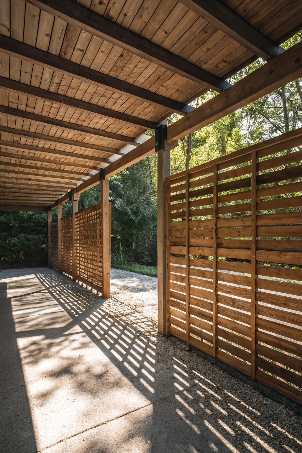 Elevate your carport with stylish wooden slat walls—privacy meets rustic charm.