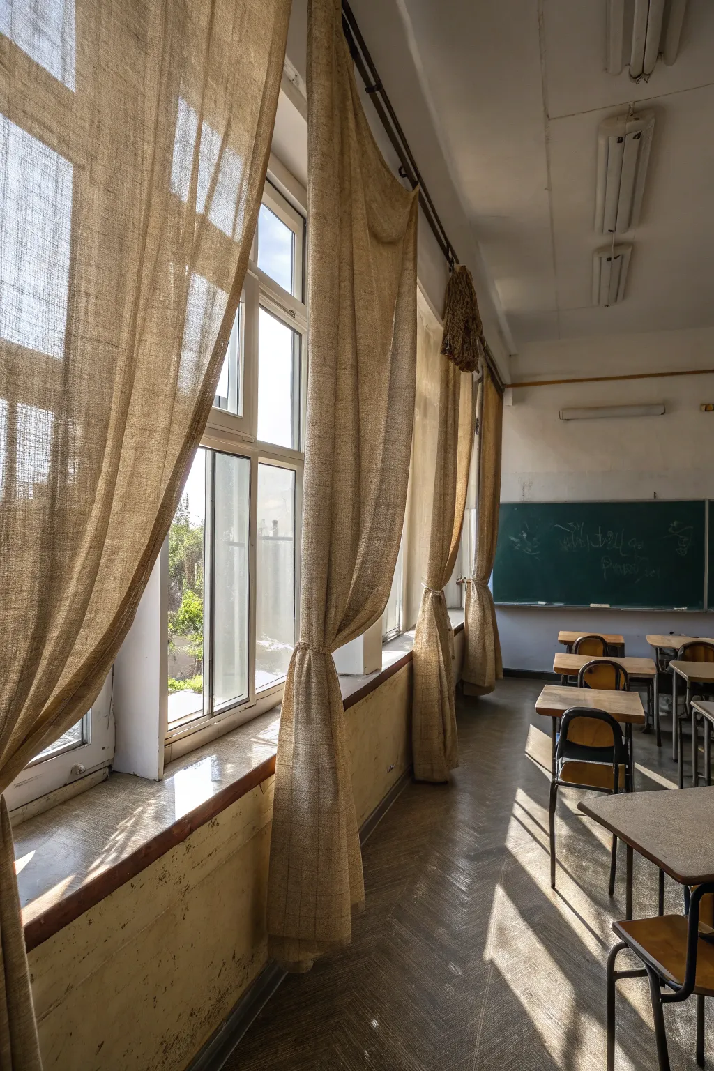 Natural texture curtains that complement the rustic theme.