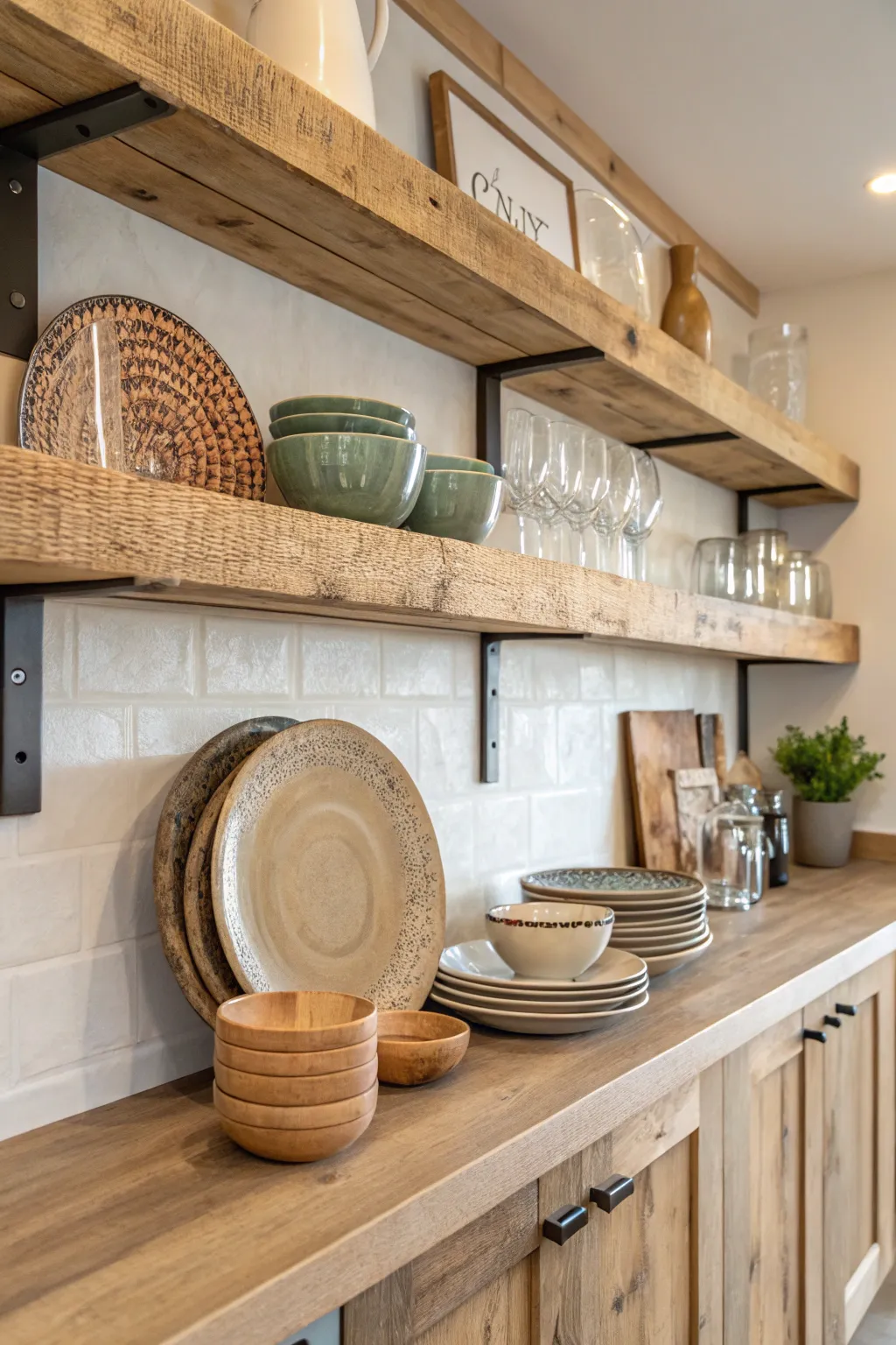 Elevate your kitchen style with open shelving and rustic ceramics for a touch of timeless charm.