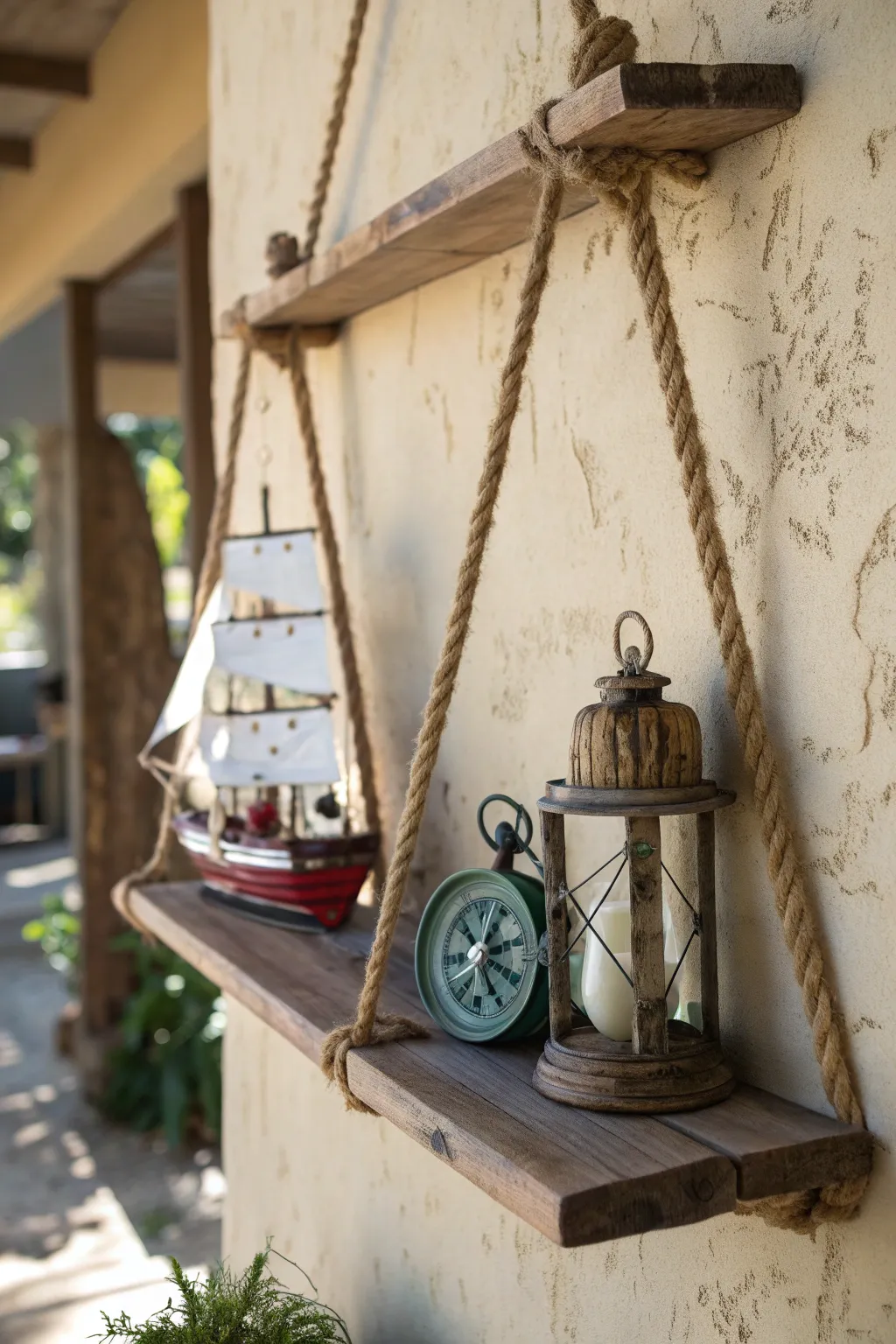 Elevate your space with rustic charm: Nautical rope shelves for a coastal vibe.