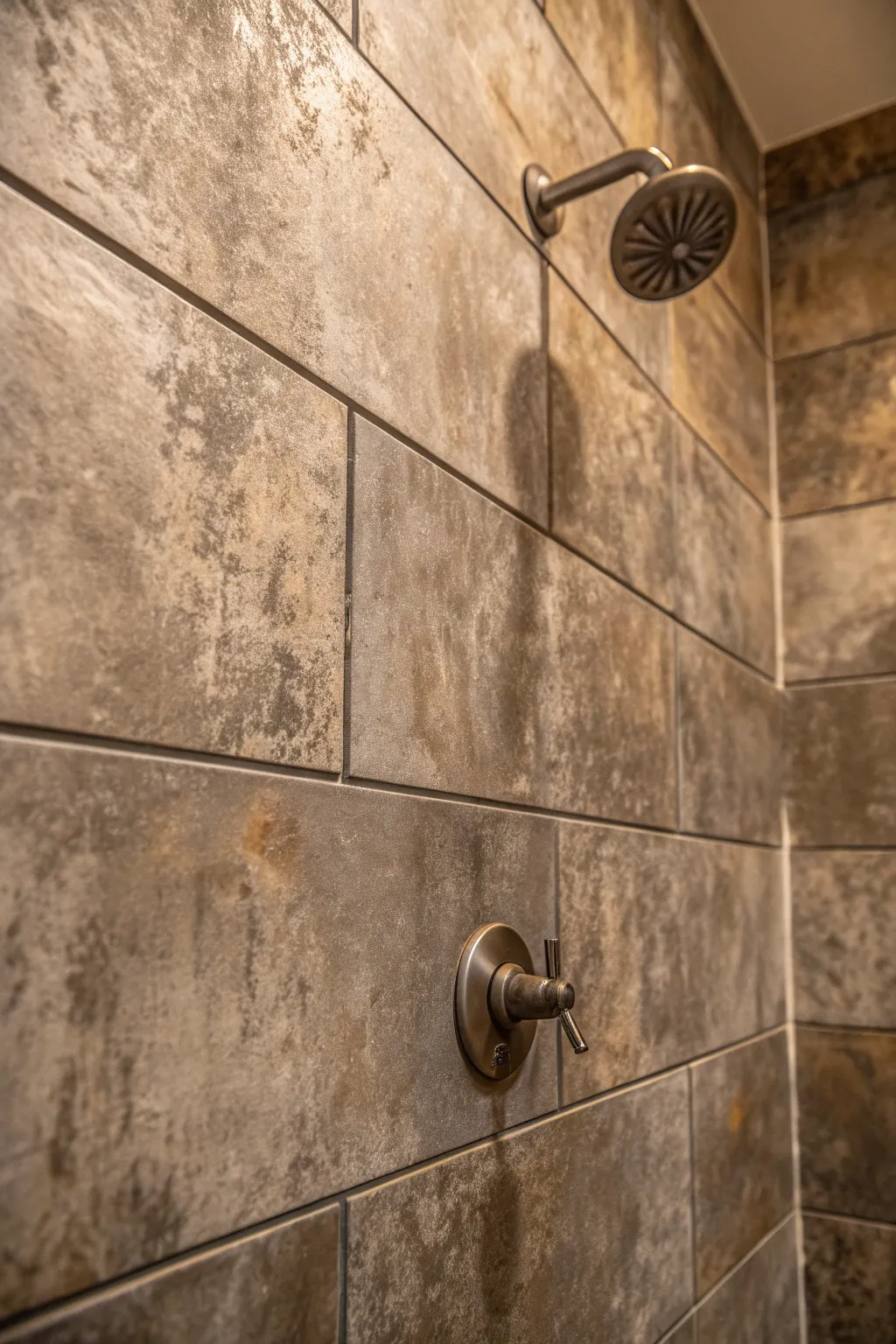 Embrace industrial chic with concrete-look tiles for a modern, rustic shower space.