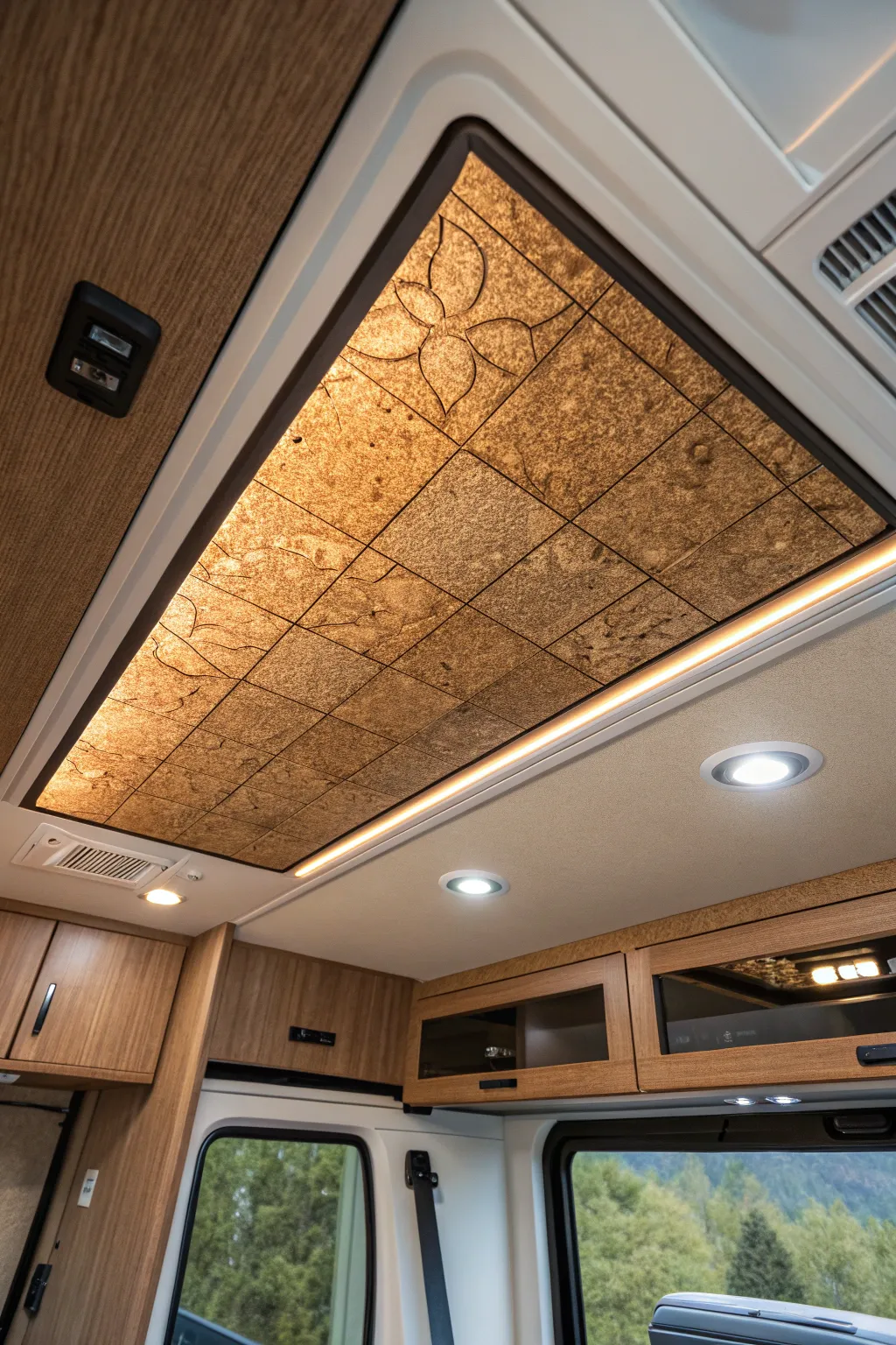 Elevate your RV interior with the natural charm and acoustic benefits of cork ceiling tiles.