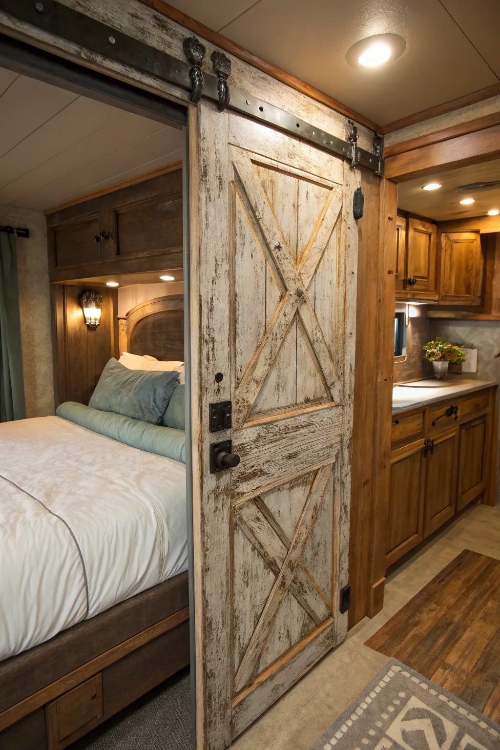 Transform your RV with a touch of history: a vintage door headboard for timeless charm.