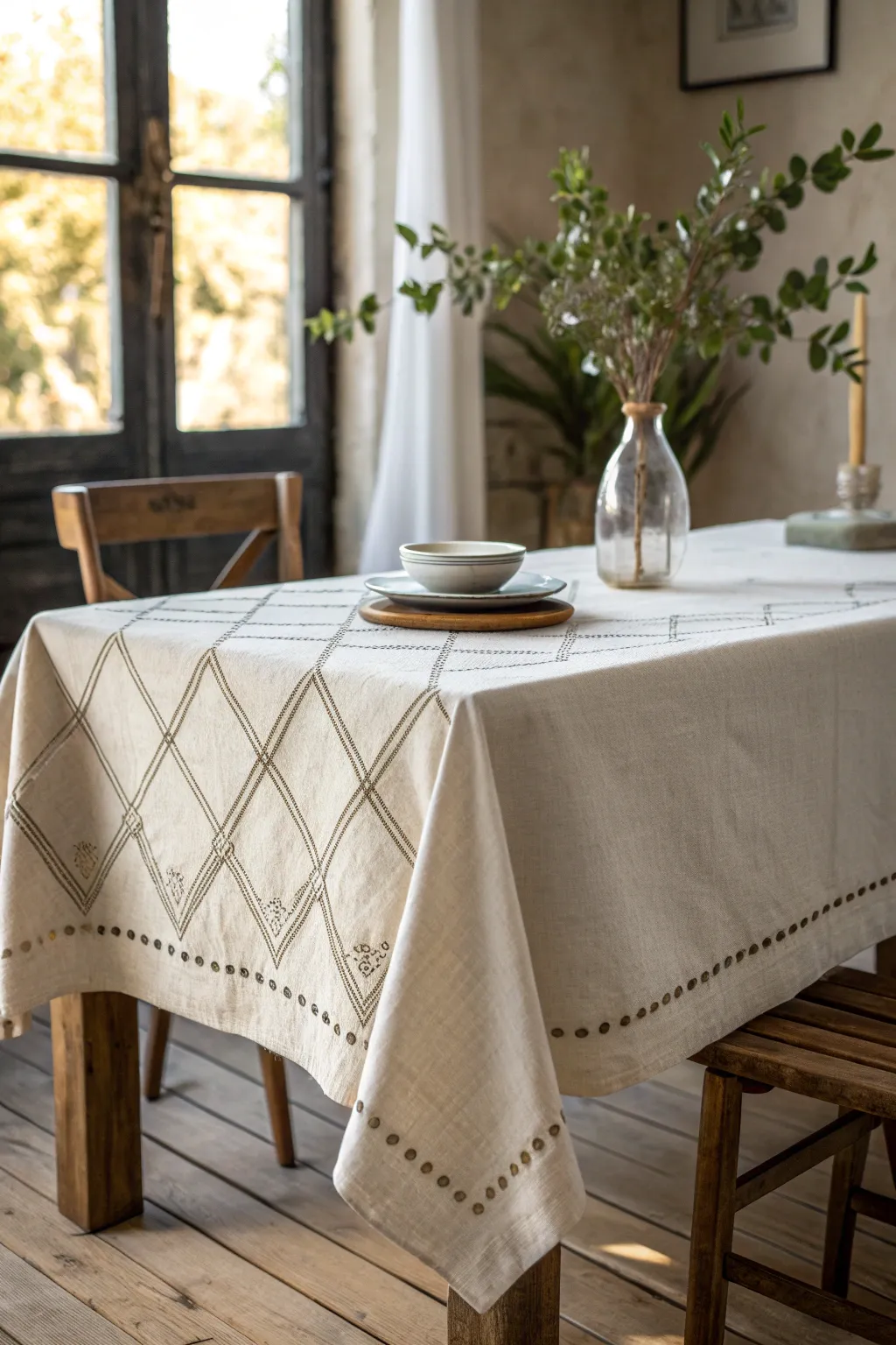 Transform your dining space with the understated elegance of a handcrafted tablecloth.