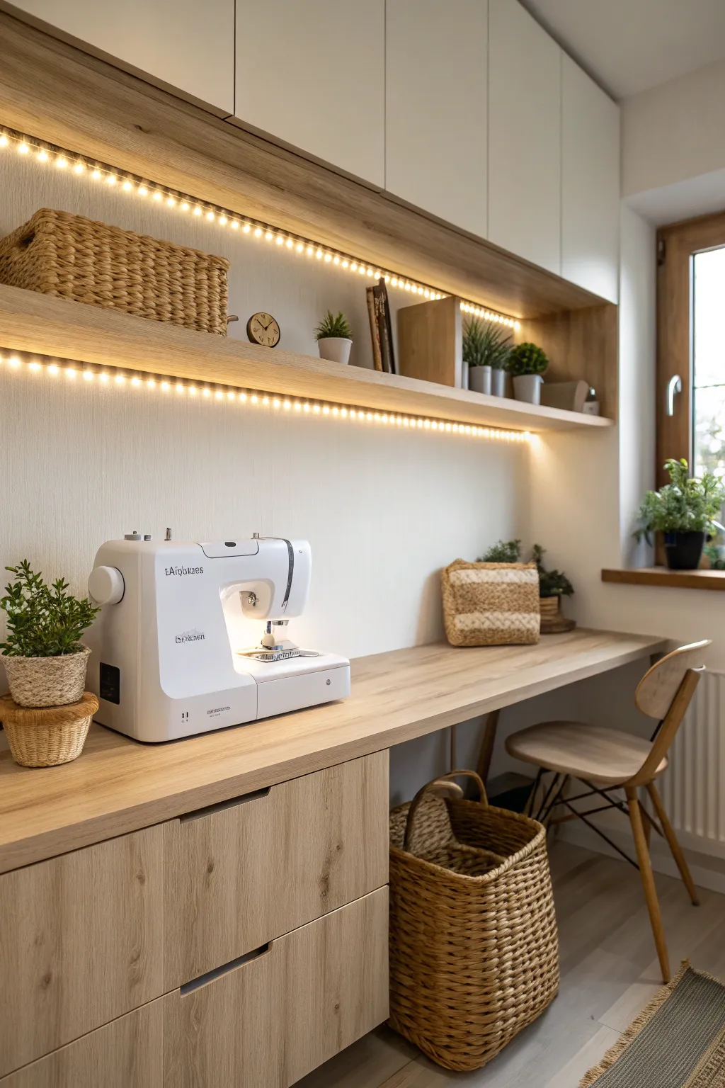 Illuminate your creativity with integrated LED lighting on minimalist sewing room shelves. 🌿✨ #CraftWithLight
