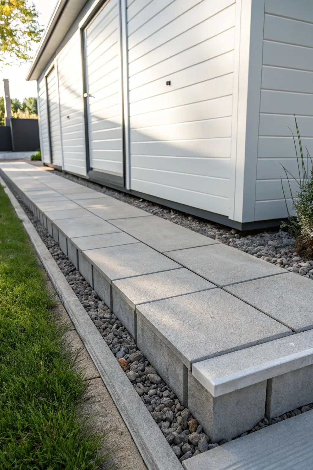 Elevate your shed's style with the modern elegance of concrete paver skirting.