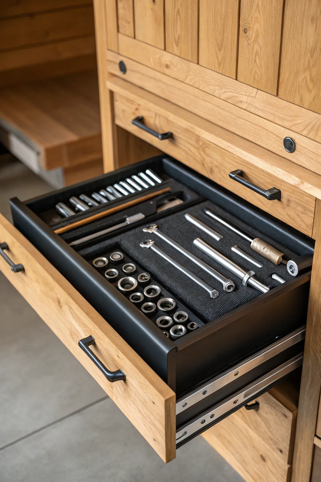 Elevate your shed organization with sleek drawer inserts that keep your tools in perfect order.