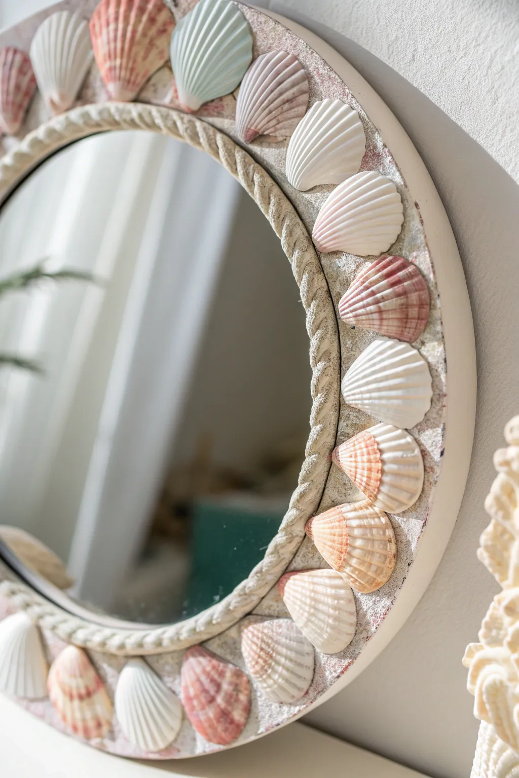 Add a touch of coastal elegance to your home with this beautifully crafted seashell mirror.