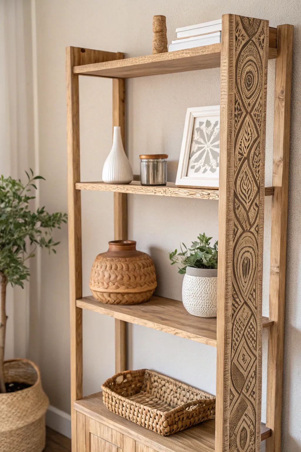 Elevate your space with the timeless charm of faux wood grain shelves.