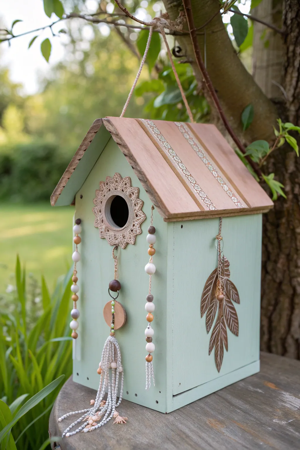 Transform a simple shoe box into a stunning birdhouse that blends Scandinavian minimalism with boho charm.