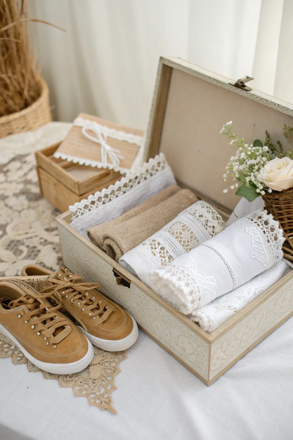 Discover the art of texture layering with lace and burlap for a charming ofrenda display.