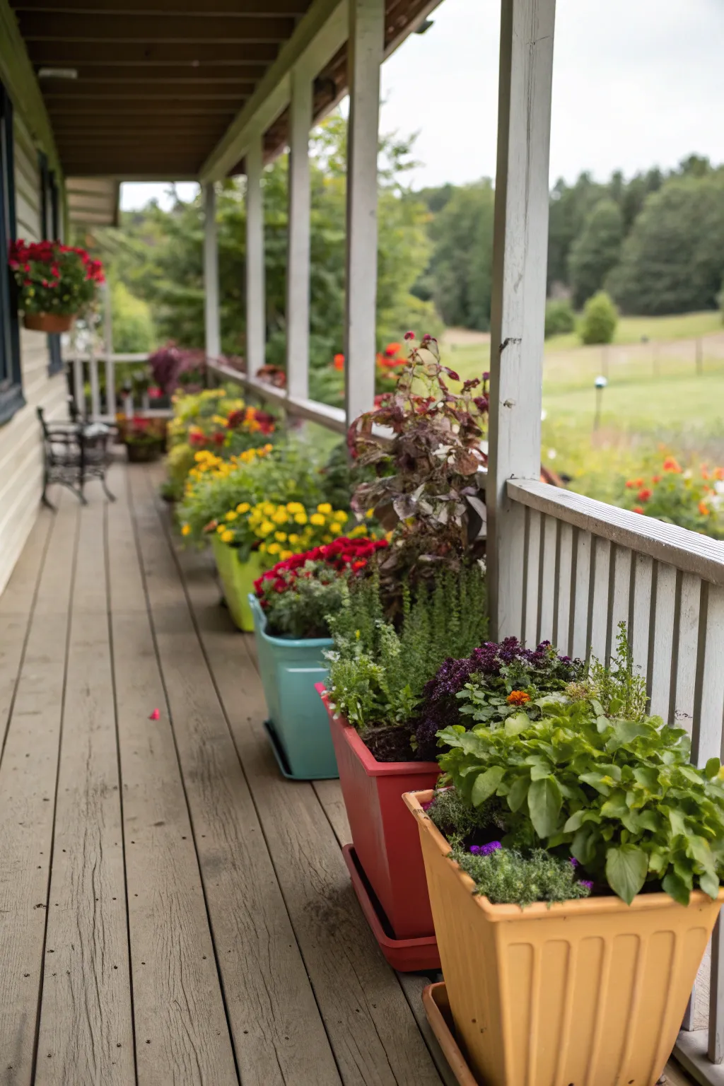 Colorful planters add a playful touch to the porch.